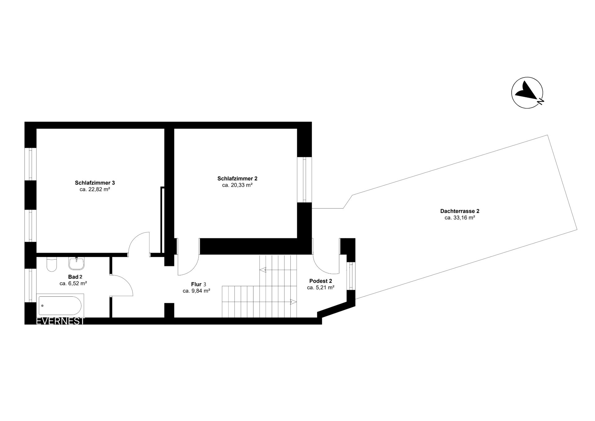 Grundriss mit zwei Schlafzimmern, Bad, Flur und großer Dachterrasse.
