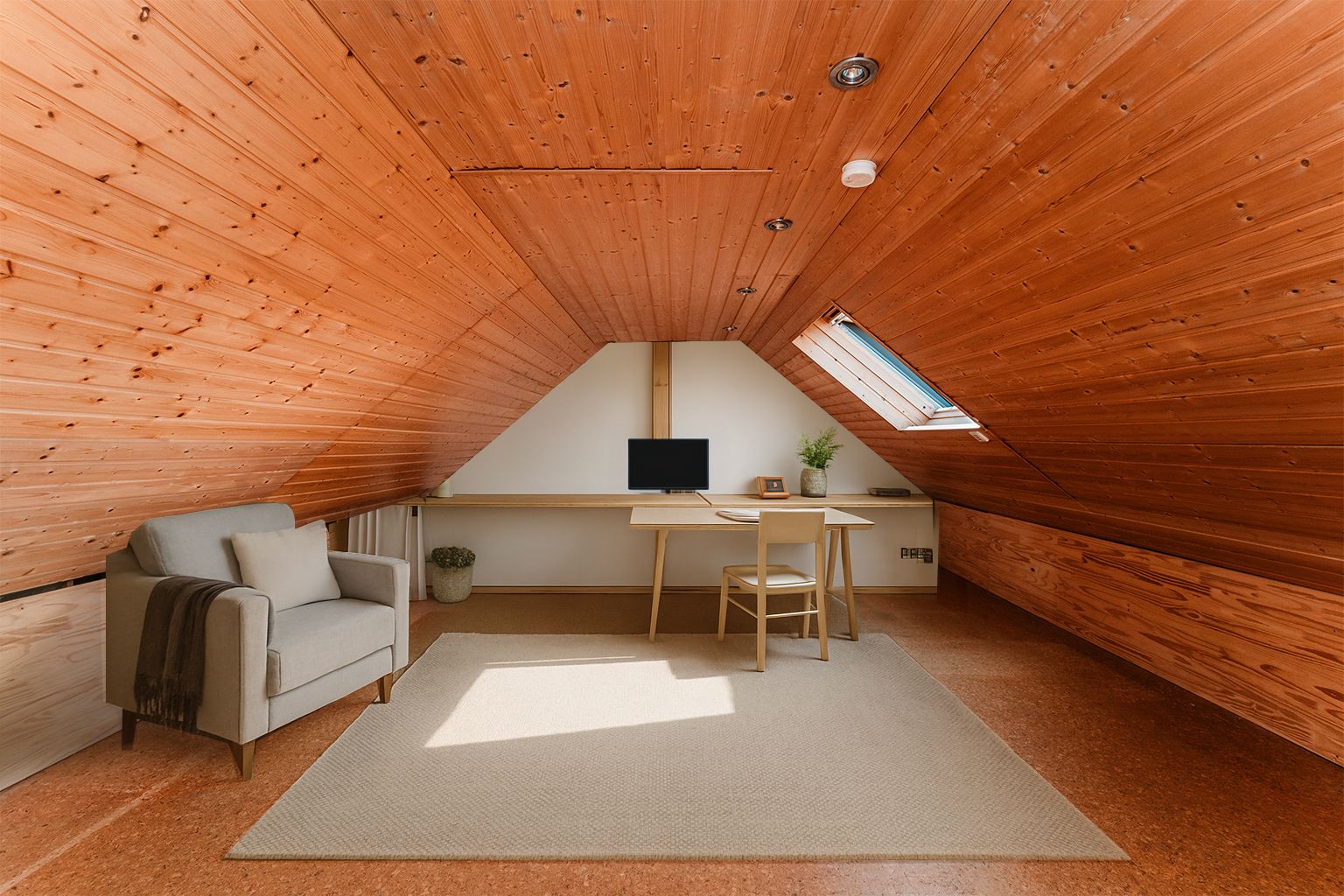 Dachzimmer mit Holzdecke, Schreibtisch, Stuhl, Sessel und Fenster.