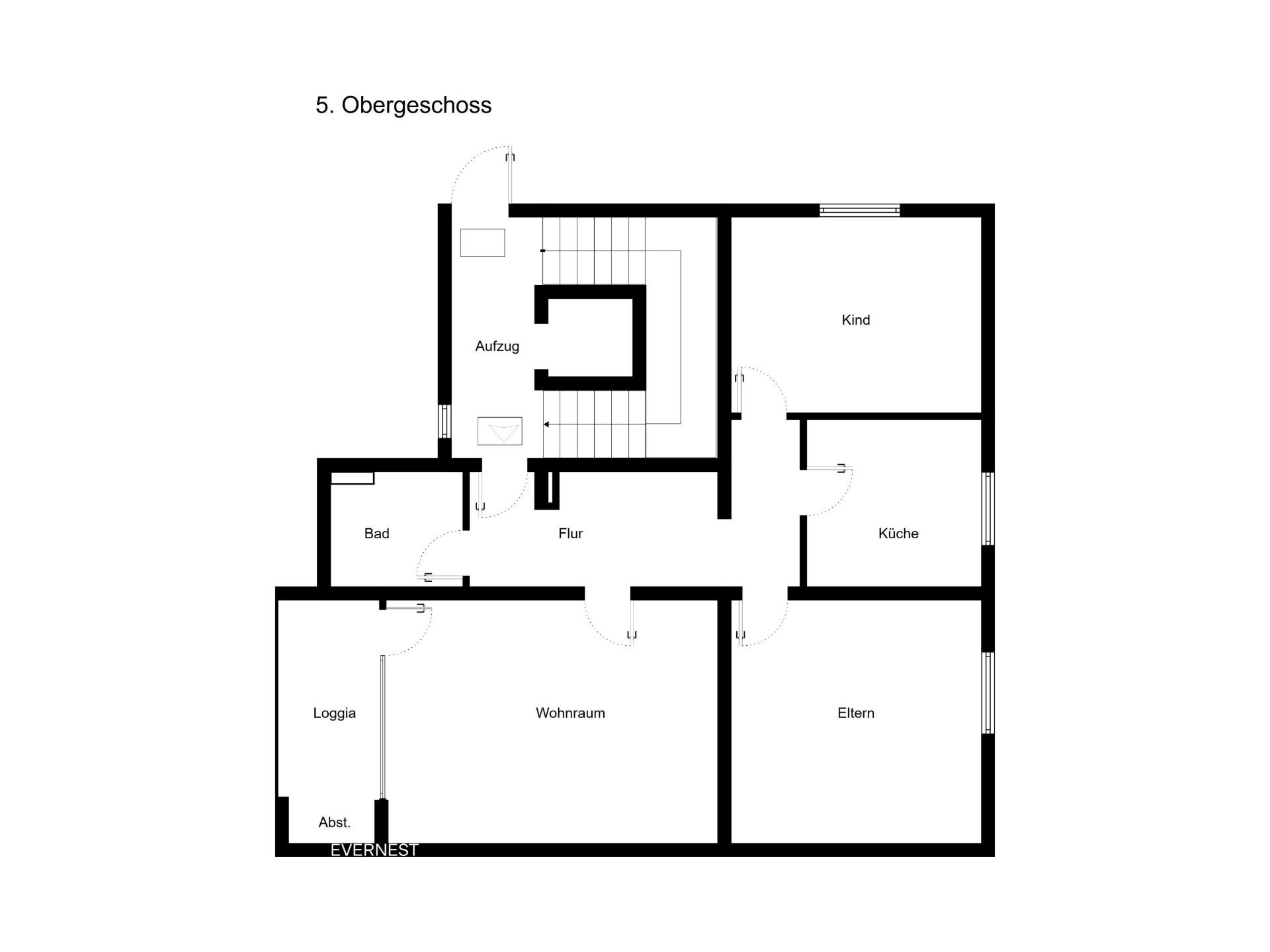 Grundriss des 5. Obergeschosses mit Wohnraum, Küche, Bad, Eltern-, Kind- und Loggia-Zimmer.