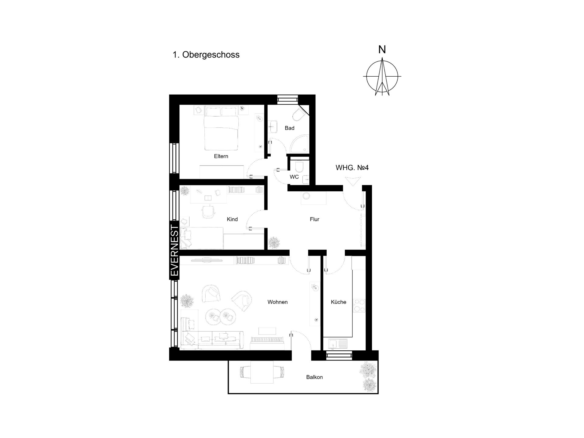 Grundriss einer Wohnung mit Wohnzimmer, Schlafzimmer, Kinderzimmer, Küche, Bad, WC und Balkon.