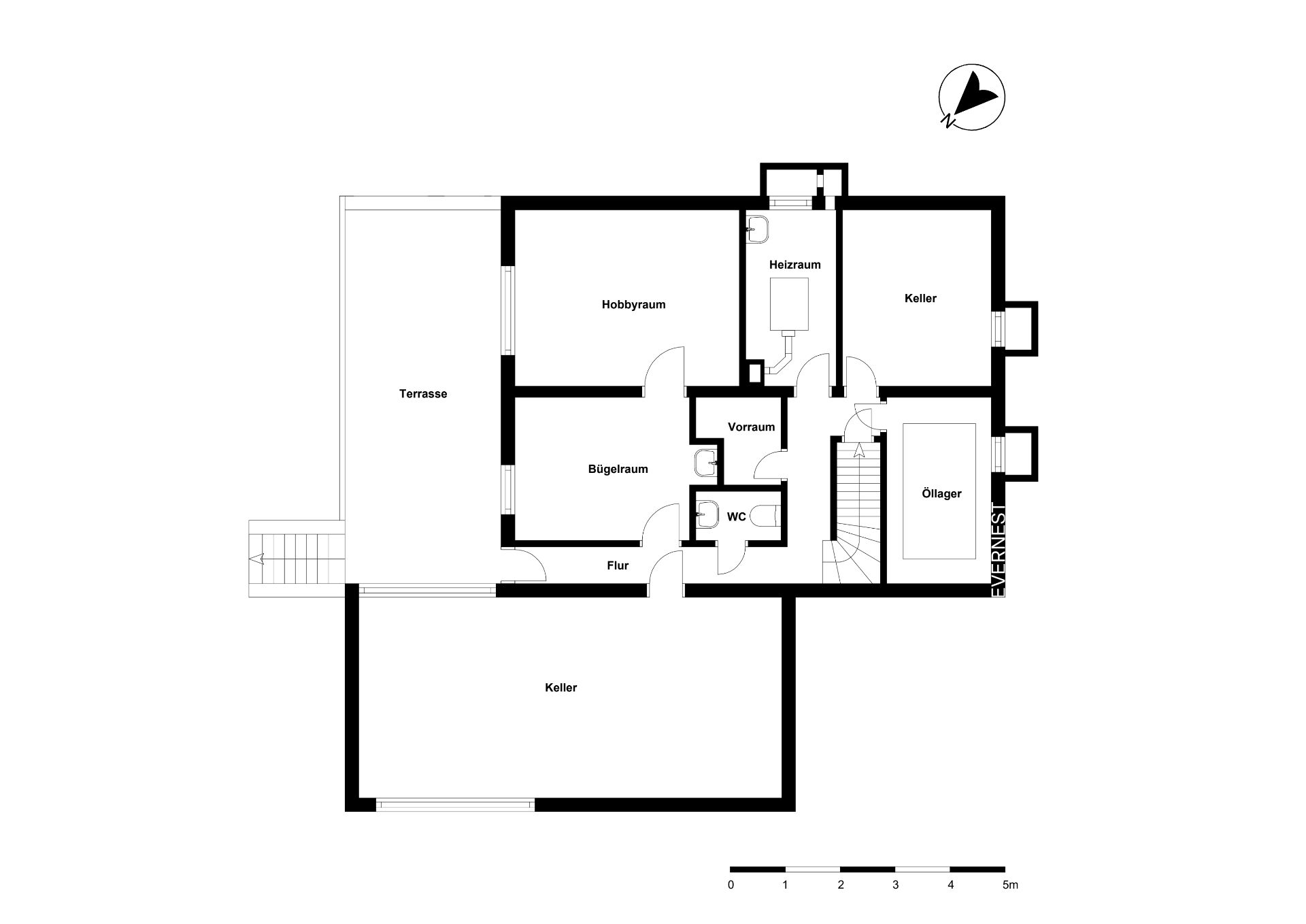 Grundriss eines Hauses mit Terrasse, Hobbyraum, Bügelraum, mehreren Kellern und Heizraum.