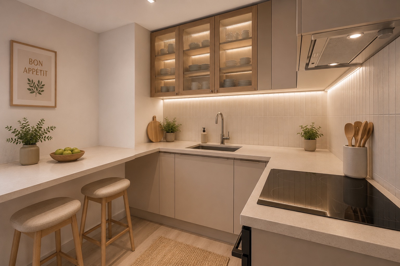 Moderne Küche mit L-förmiger Arbeitsplatte, zwei Hockern und offenem Oberschrank.