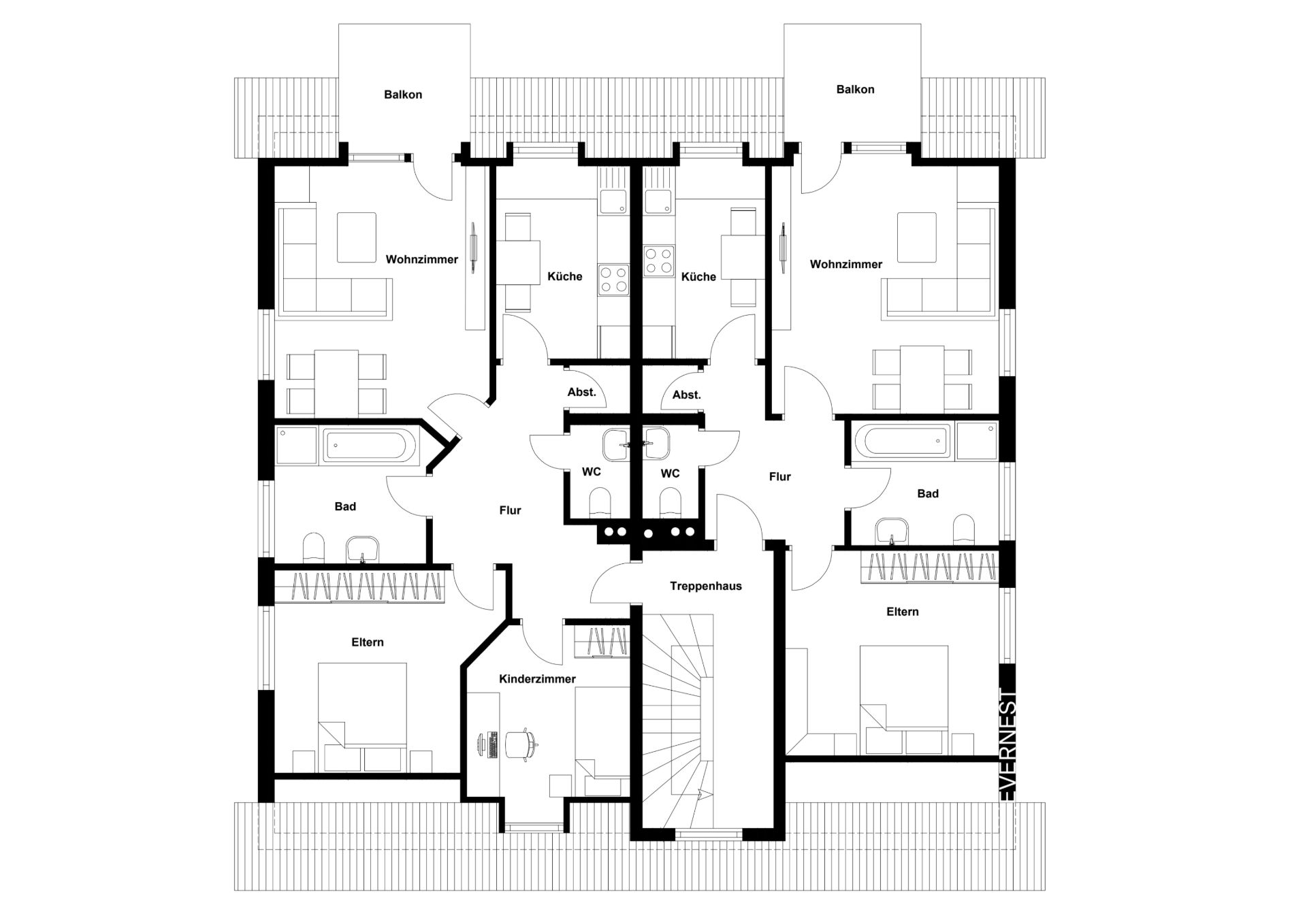 Grundriss einer Wohnung mit Wohnzimmer, Küche, Bad, Eltern-, Kinderzimmer und Balkon.