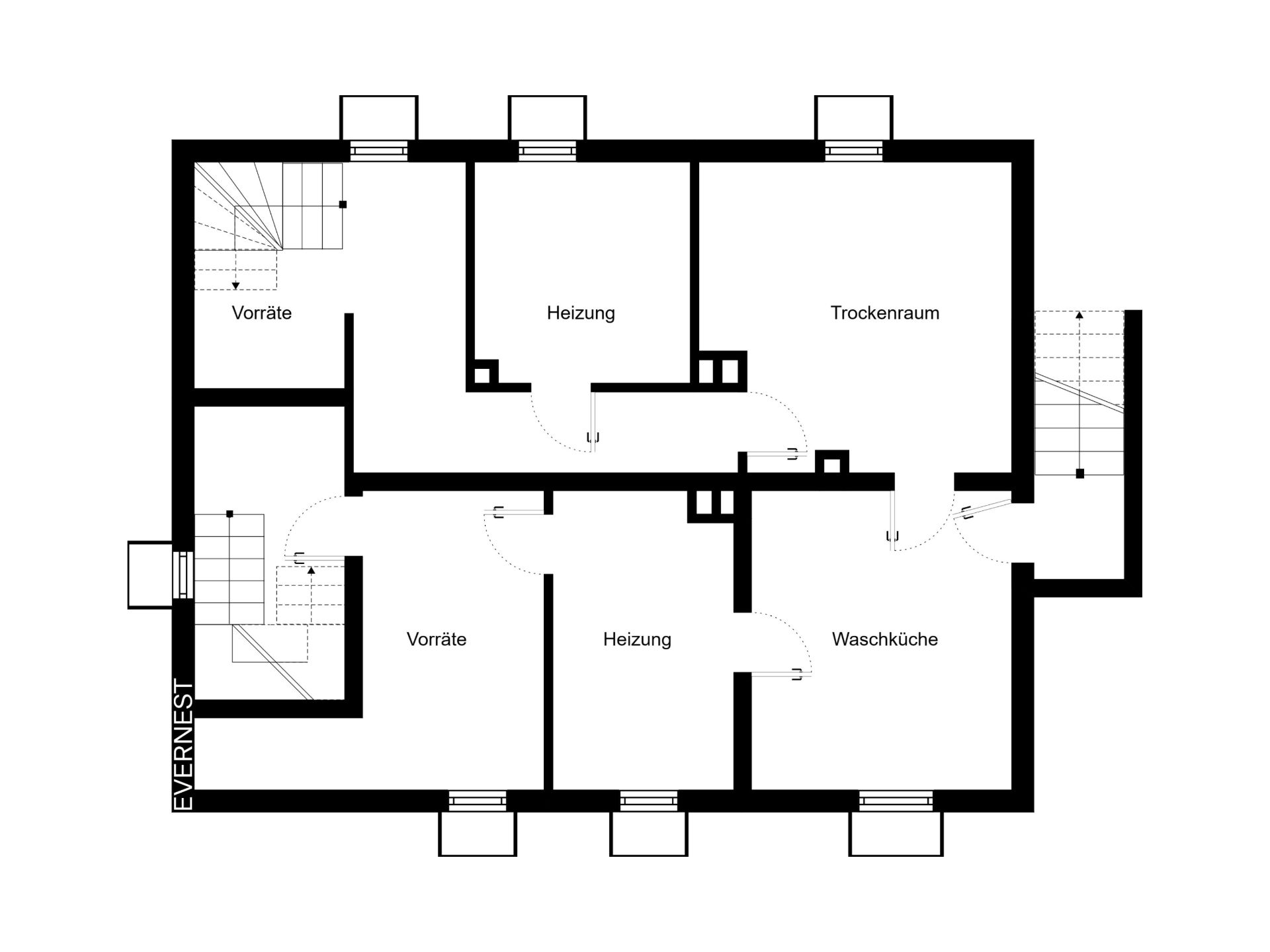 Grundriss eines Kellers mit Vorratsräumen, Heizung, Trockenraum und Waschküche.