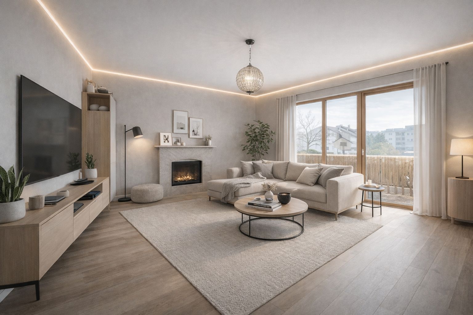 Modernes Wohnzimmer mit großem Sofa, Kamin, Fernseher und großen Fenstern mit Blick auf den Balkon.