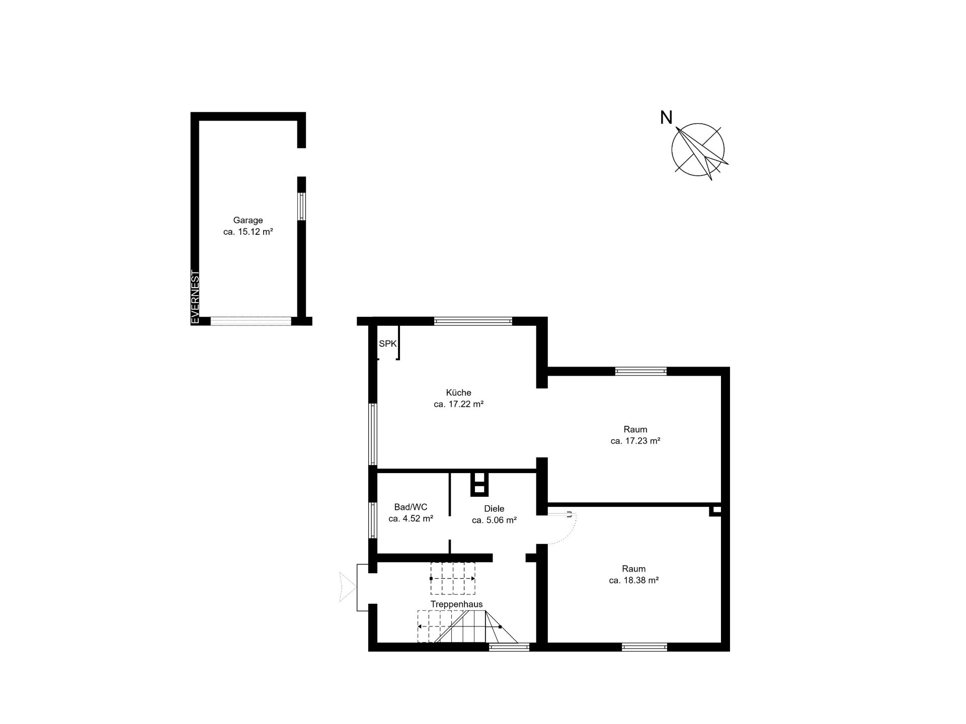 Grundriss eines Wohnhauses mit Garage, Küche, Bad/WC, Diele und zwei Räumen.