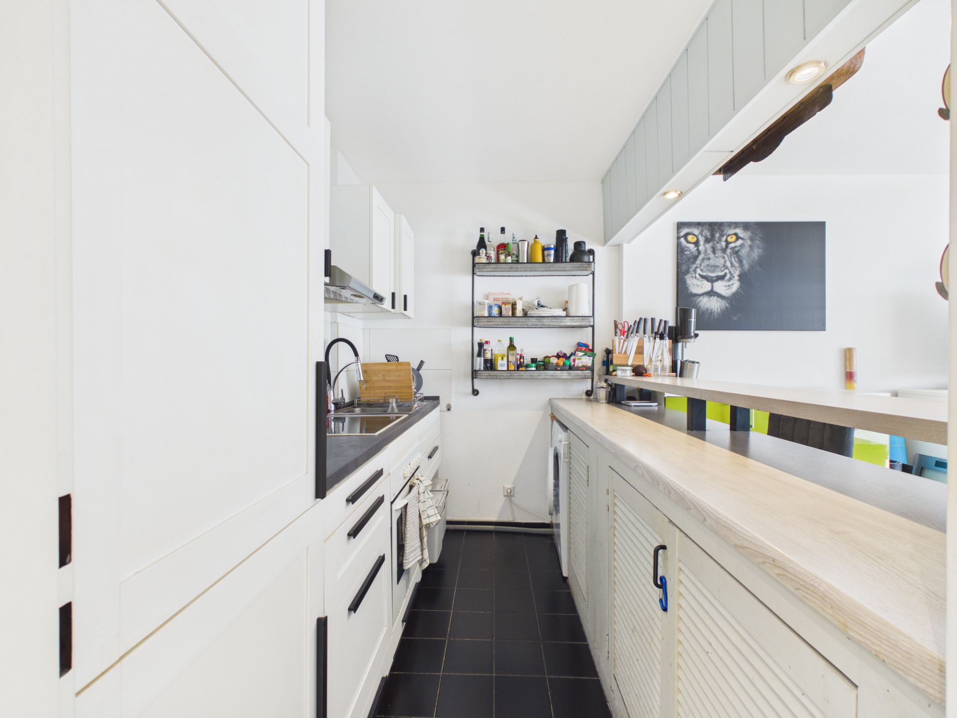 Schmale weiße Küche mit dunklem Boden, Regal an der Wand und Bild eines Löwen im Hintergrund.