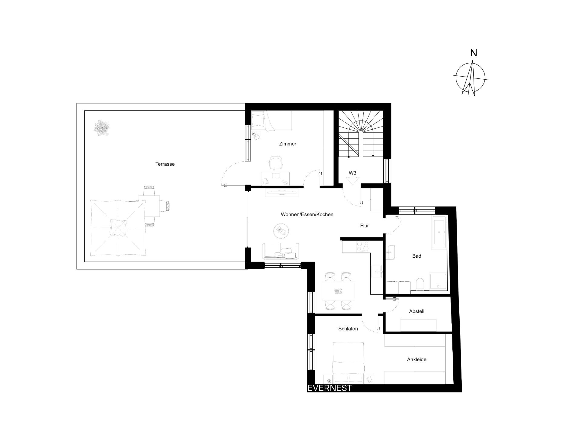Grundriss einer Wohnung mit Terrasse, Wohnbereich, Bad, Schlafzimmer, Ankleide und weiteren Zimmern.