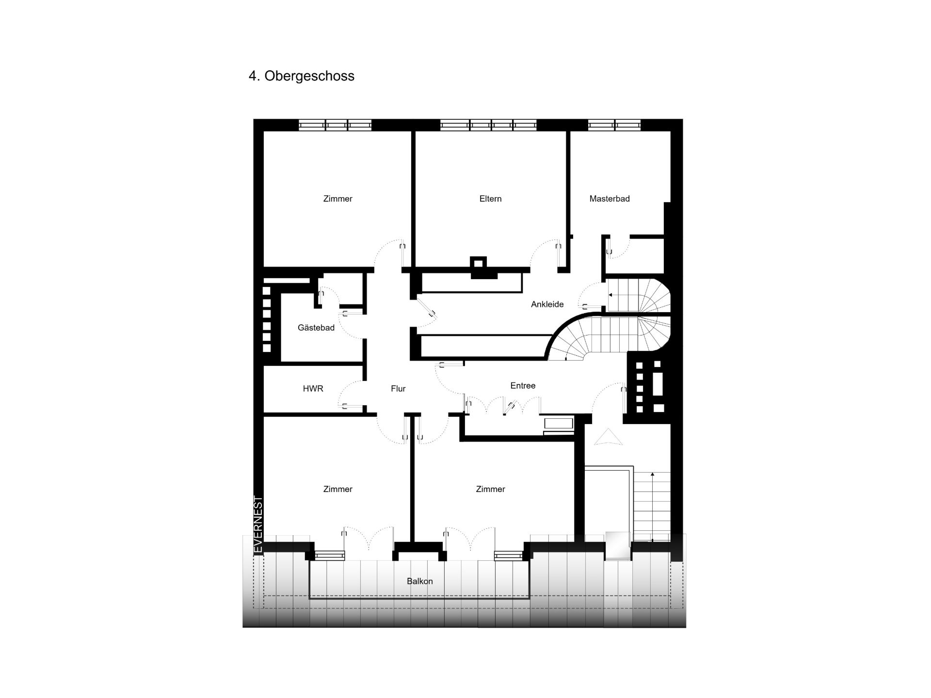 Grundriss des 4. Obergeschosses mit mehreren Zimmern, Flur, Ankleide, Bädern und Balkon.