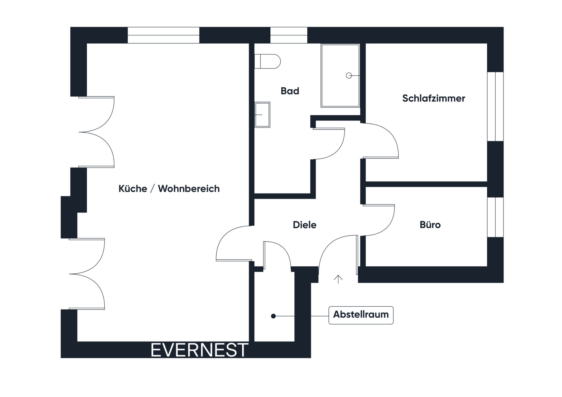 Grundriss einer Wohnung mit Wohnzimmer, Schlafzimmer, Büro, Bad, Diele und Abstellraum.