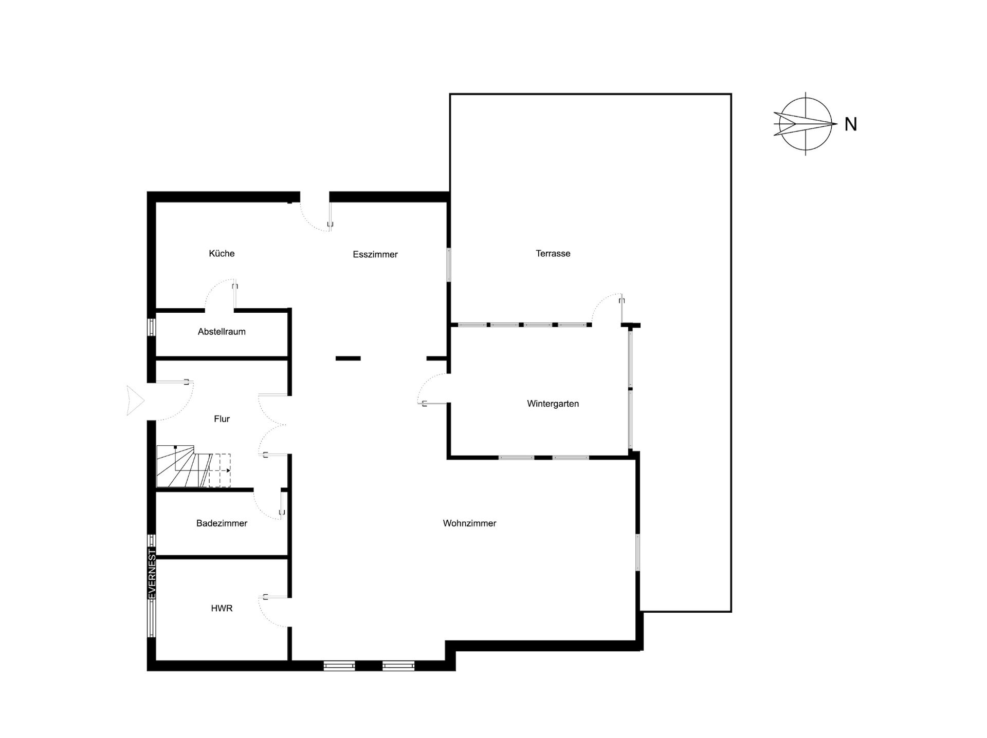 Grundriss eines Hauses mit Küche, Esszimmer, Wohnzimmer, Bad, HWR, Abstellraum, Wintergarten und Terrasse.