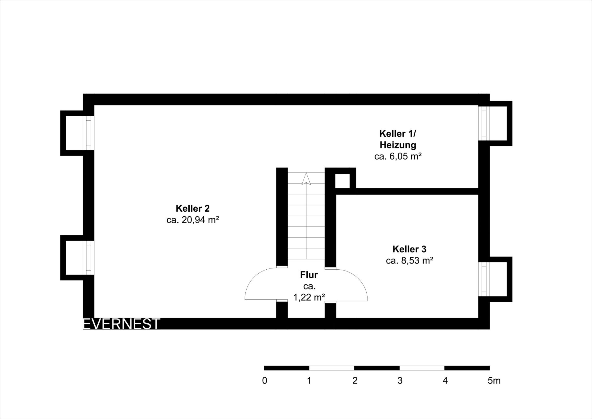 Grundriss eines Kellers mit drei Räumen, Flur und Treppe, inklusive Flächenangaben.