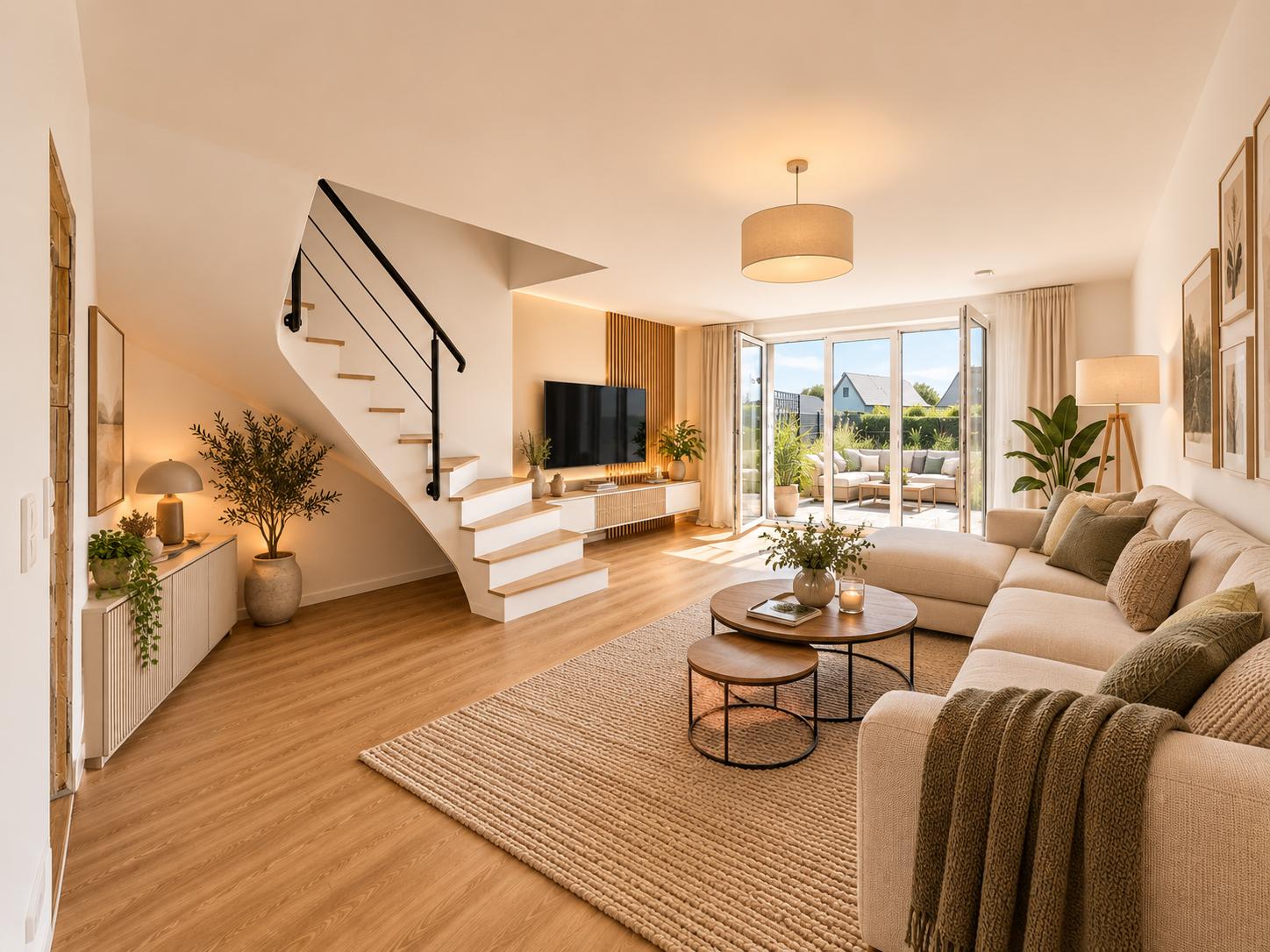 Modernes Wohnzimmer mit Ecksofa, Couchtischen, Holzfußboden, Treppe und großen Fenstern zur Terrasse.