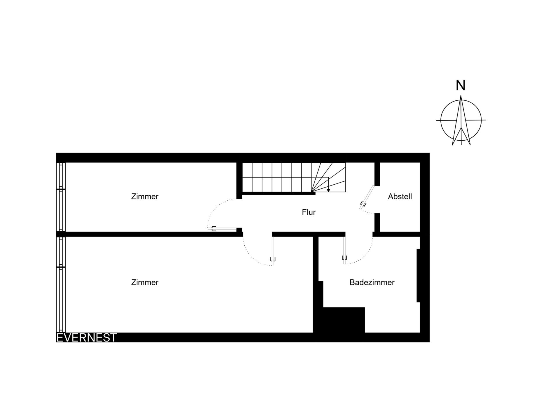 Grundriss mit zwei Zimmern, Flur, Badezimmer und Abstellraum.
