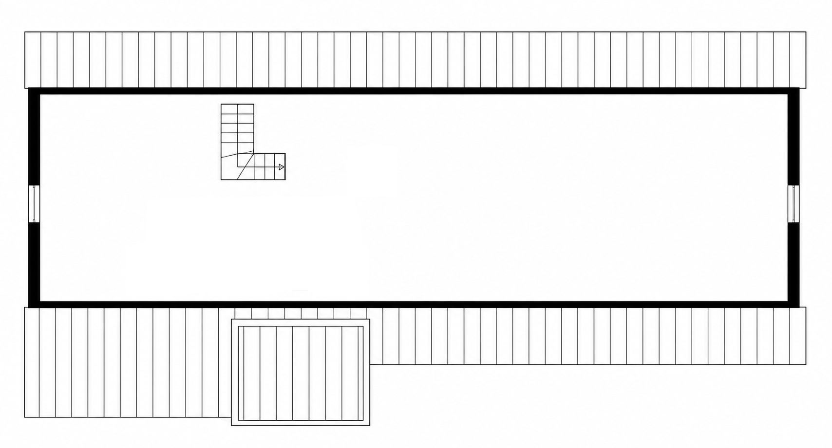Grundriss eines rechteckigen Raums mit einer Treppe in der oberen linken Ecke.