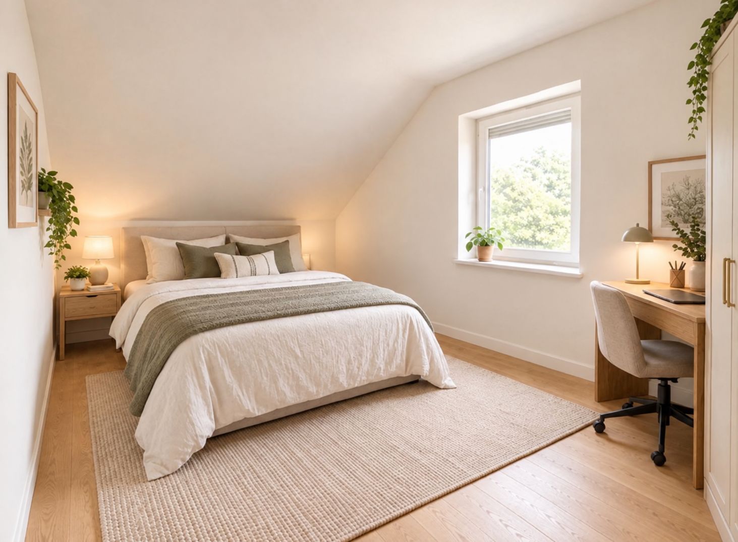 Helles Schlafzimmer mit Doppelbett, Nachttischen, Fenster, Schreibtisch und Pflanzen.
