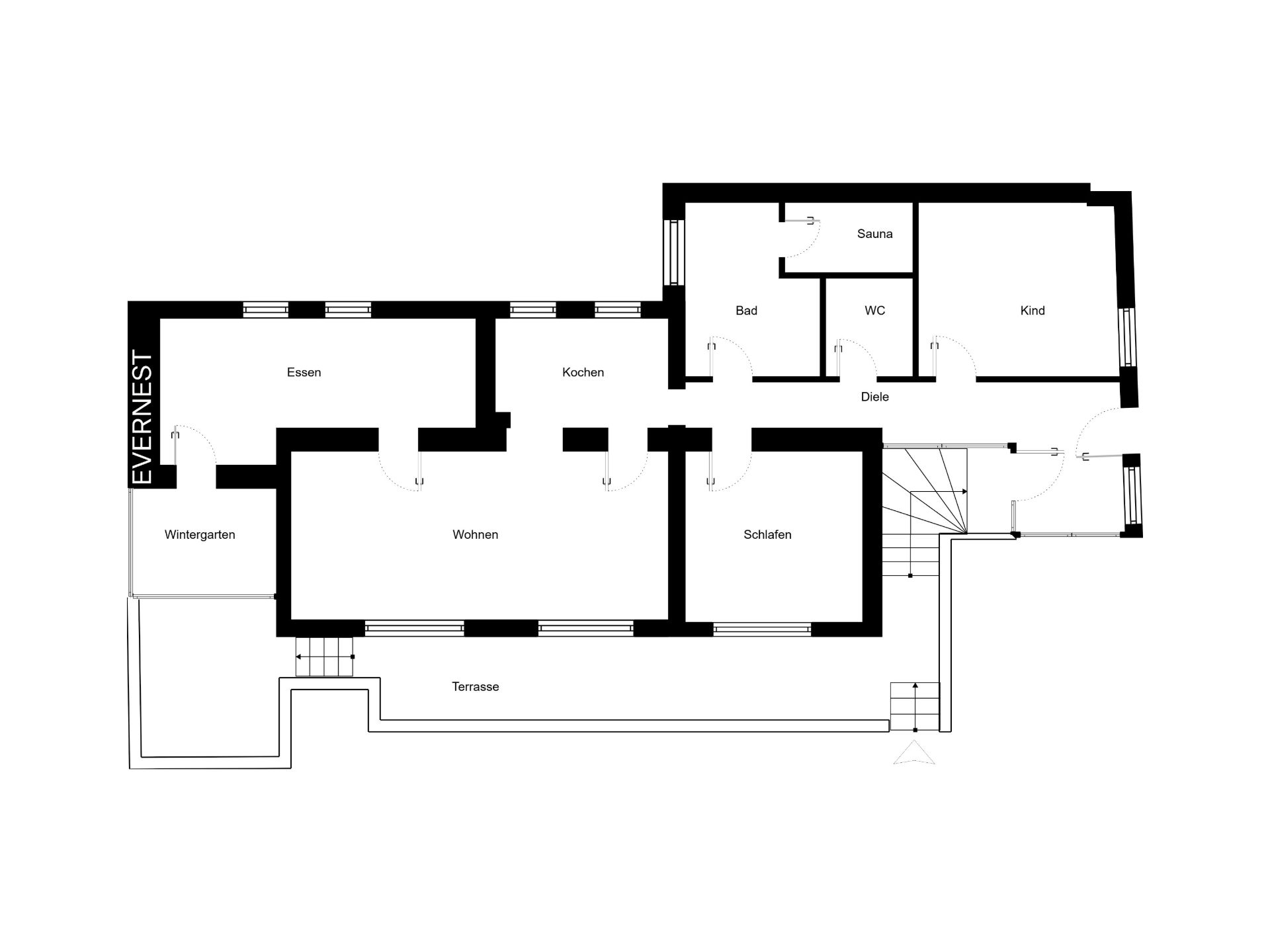Grundriss einer Wohnung mit Wintergarten, Esszimmer, Küche, Wohn- und Schlafzimmer, Bad und Terrasse.