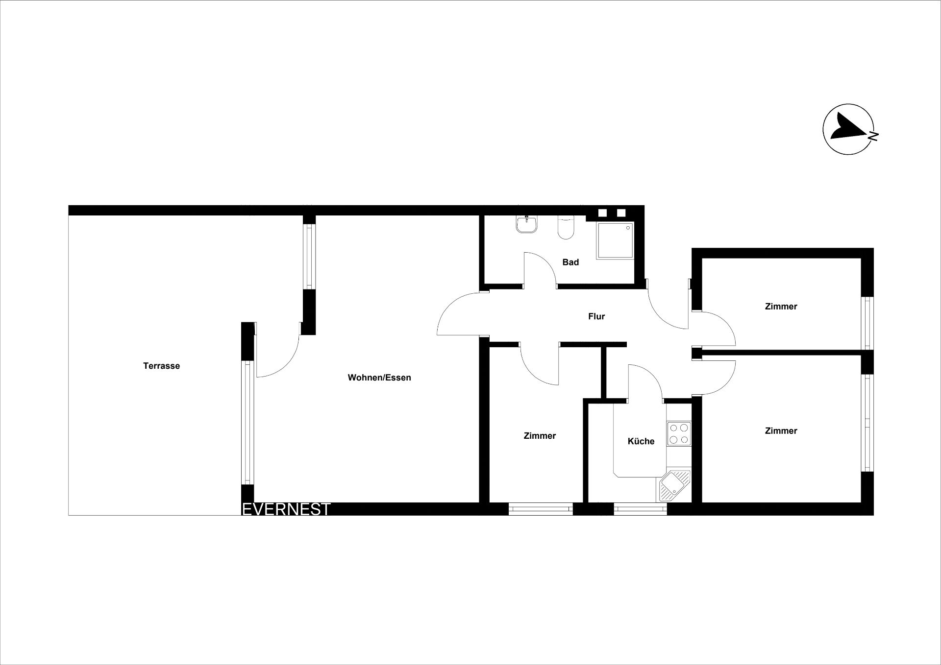 Grundriss einer Wohnung mit Terrasse, Wohn-Essbereich, Küche, Bad, Flur und drei Zimmern.