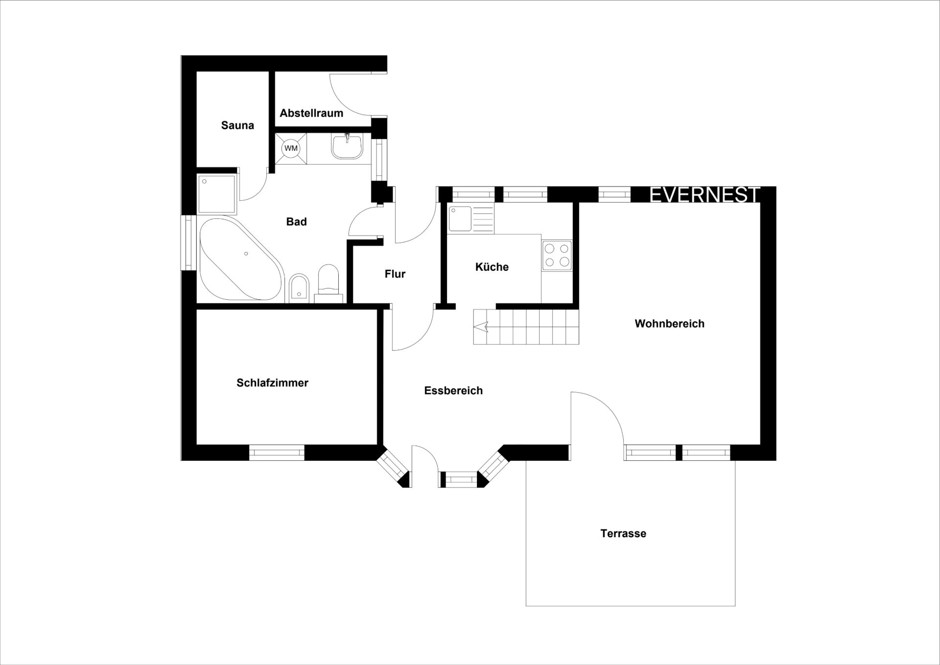 Grundriss einer Wohnung mit Schlafzimmer, Bad, Sauna, Küche, Wohnbereich und Terrasse.