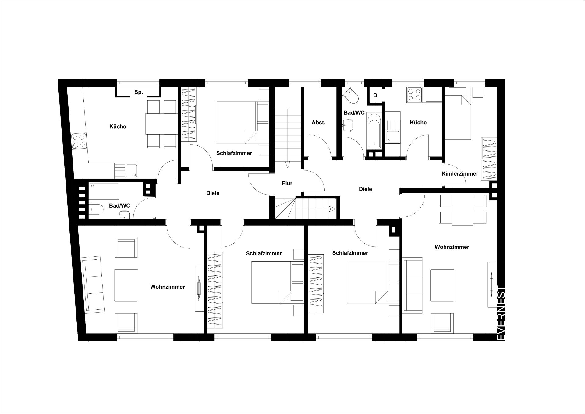 Grundriss einer Wohnung mit Wohnzimmern, Schlafzimmern, Küchen und Bädern.