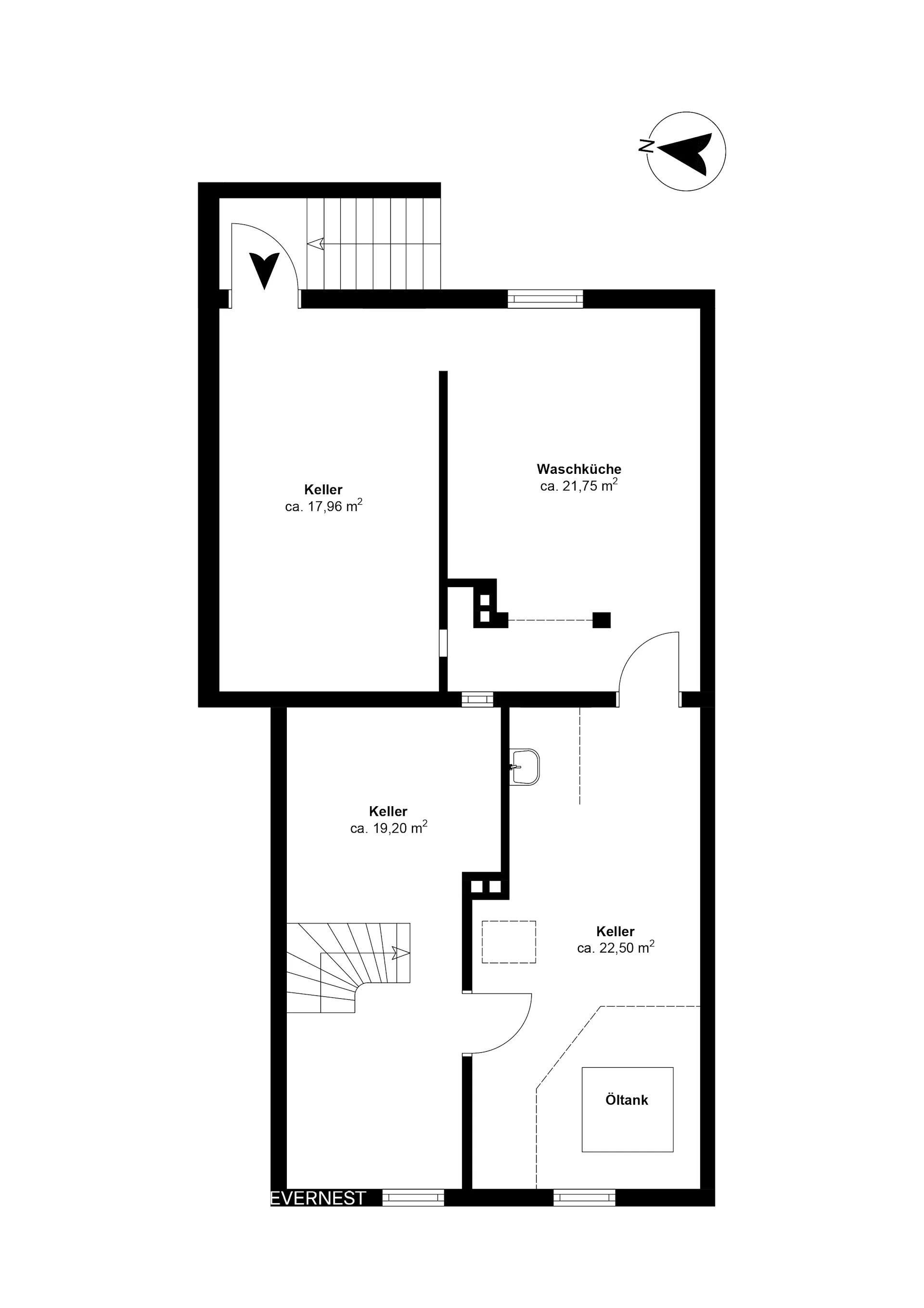 Grundriss mit Kellerräumen, Waschküche und Öltank, jeweils mit Flächenangaben.