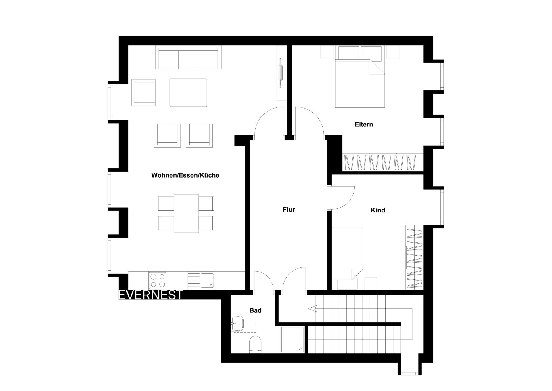 Grundriss einer Wohnung mit Wohnzimmer, Küche, Bad, Eltern- und Kinderzimmer.