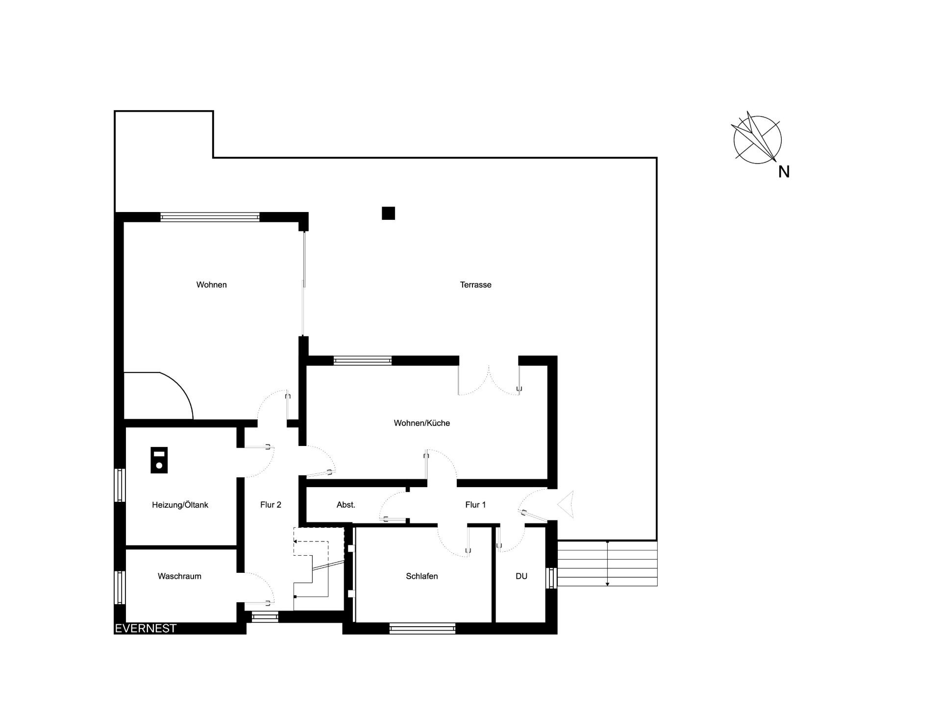 Grundriss einer Wohnung mit Terrasse, Wohnzimmer, Küche, Schlafzimmer, Bad und Hauswirtschaftsräumen.