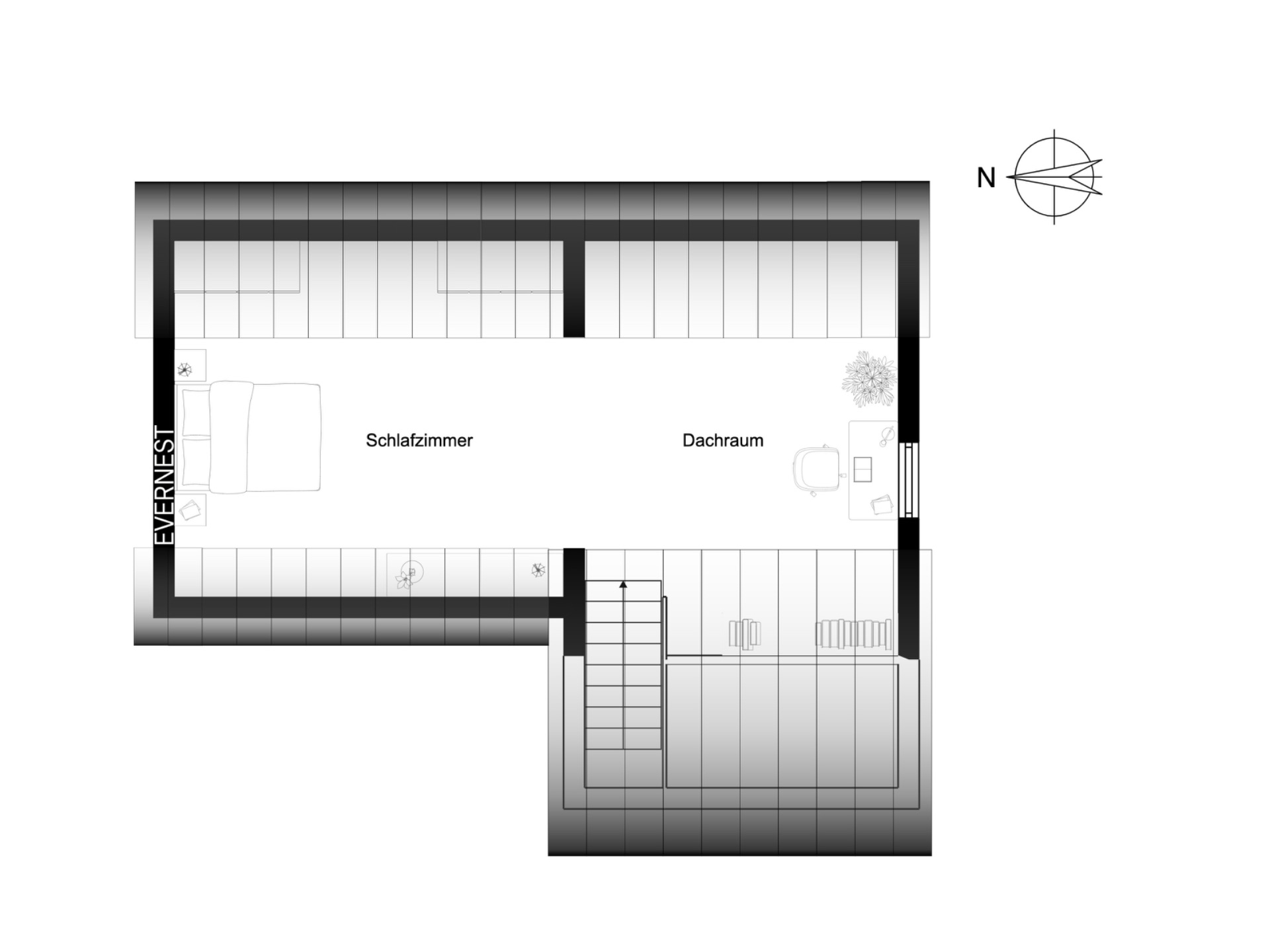Grundriss mit Schlafzimmer, Dachraum und Treppe, Norden ist oben markiert.