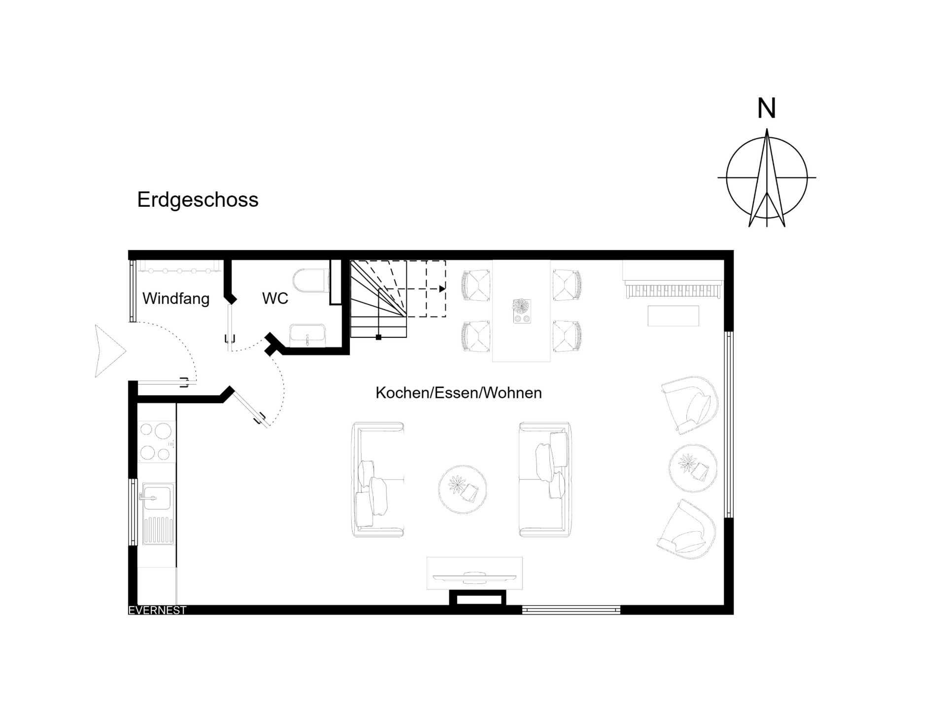 Grundriss des Erdgeschosses mit Wohn-, Ess- und Kochbereich, Windfang und WC.