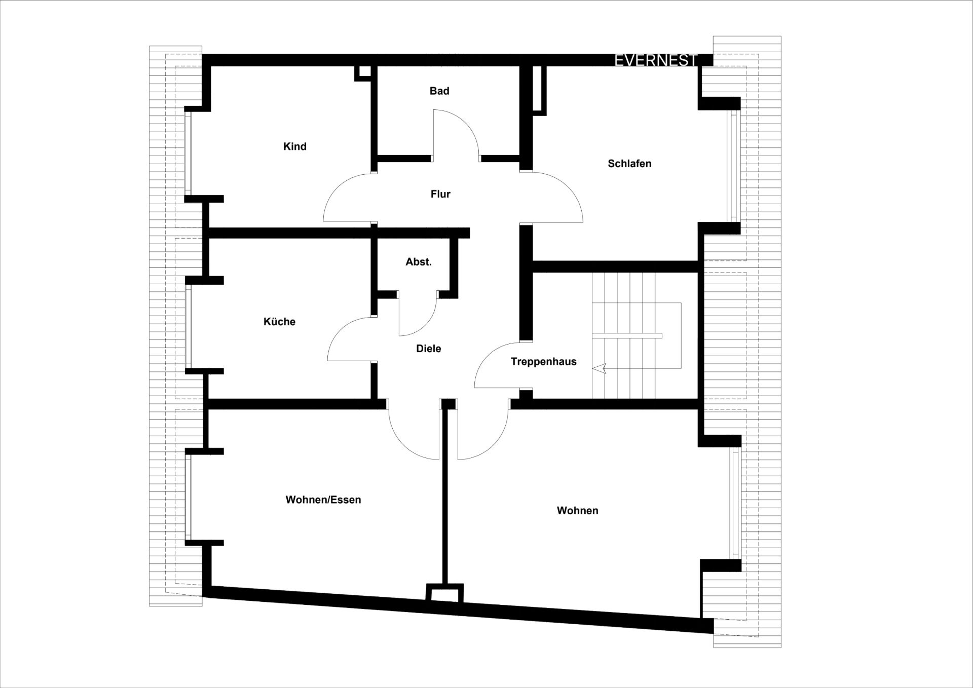 Grundriss einer Wohnung mit Zimmern für Kind, Schlafen, Küche, Wohnen/Essen, Bad und Treppenhaus.