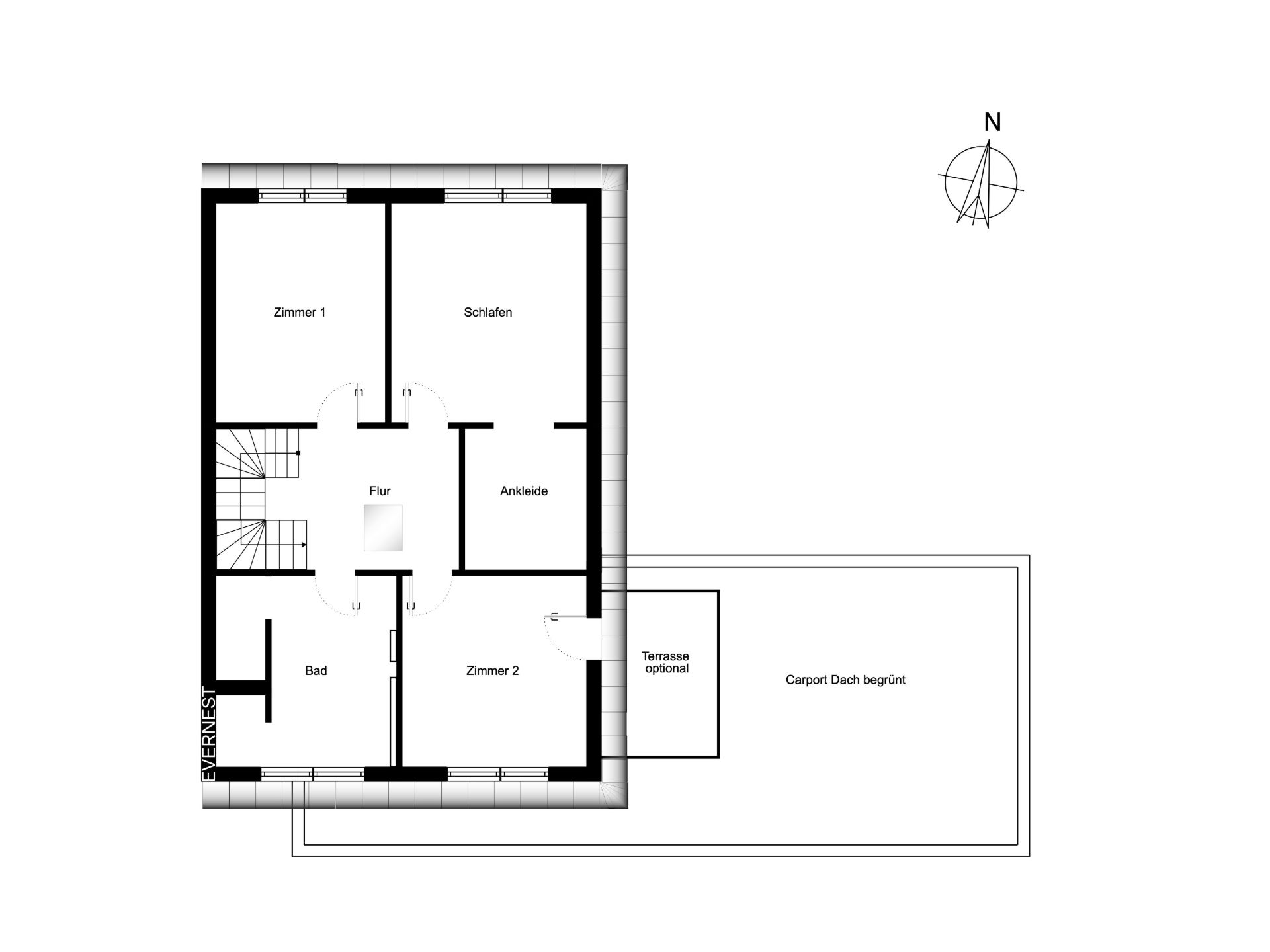 Grundriss eines Obergeschosses mit Flur, drei Zimmern, Bad, Ankleide und optionaler Terrasse.