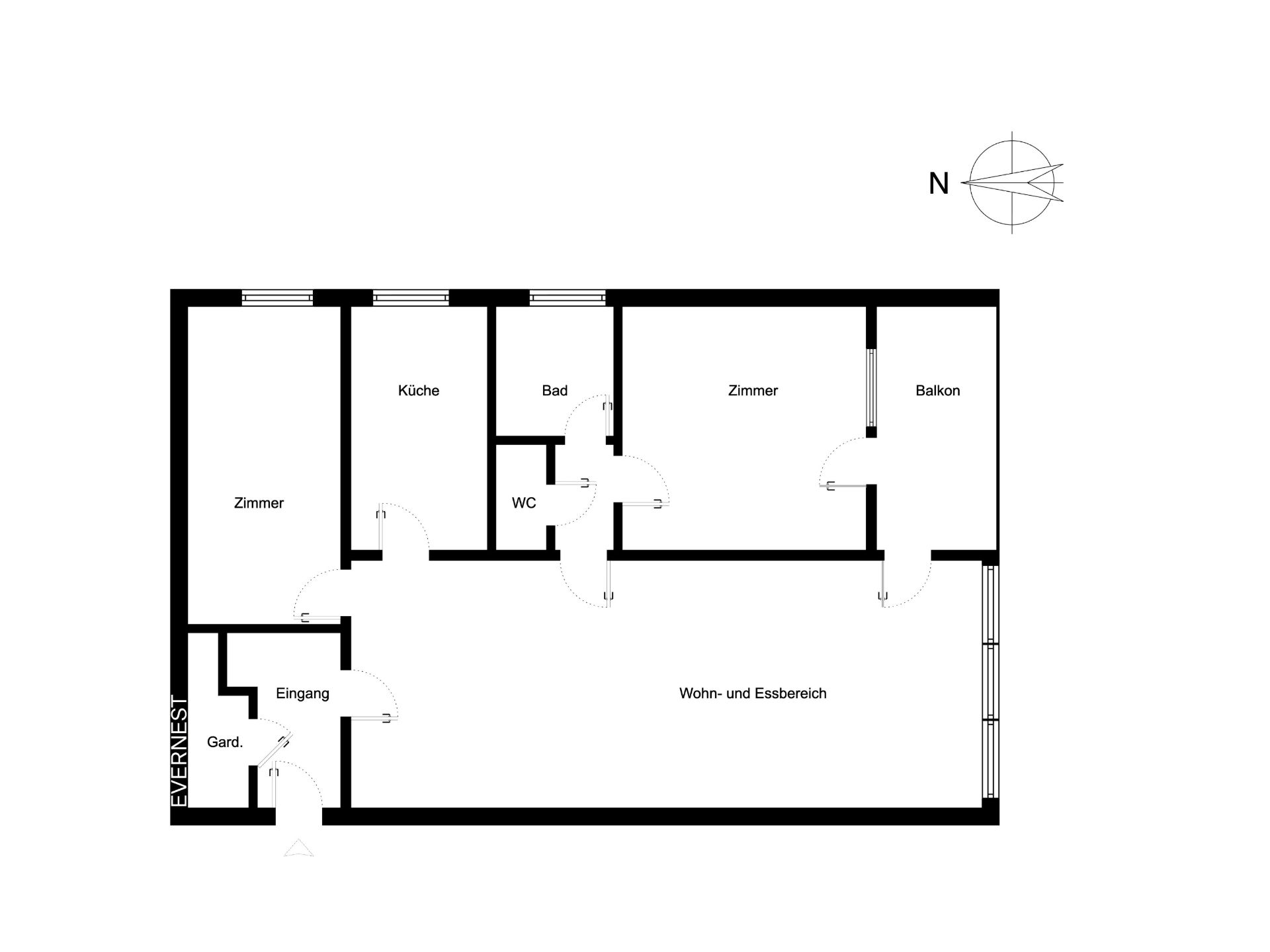 Grundriss einer Wohnung mit zwei Zimmern, Küche, Bad, WC, Wohn-Essbereich, Balkon und Garderobe.