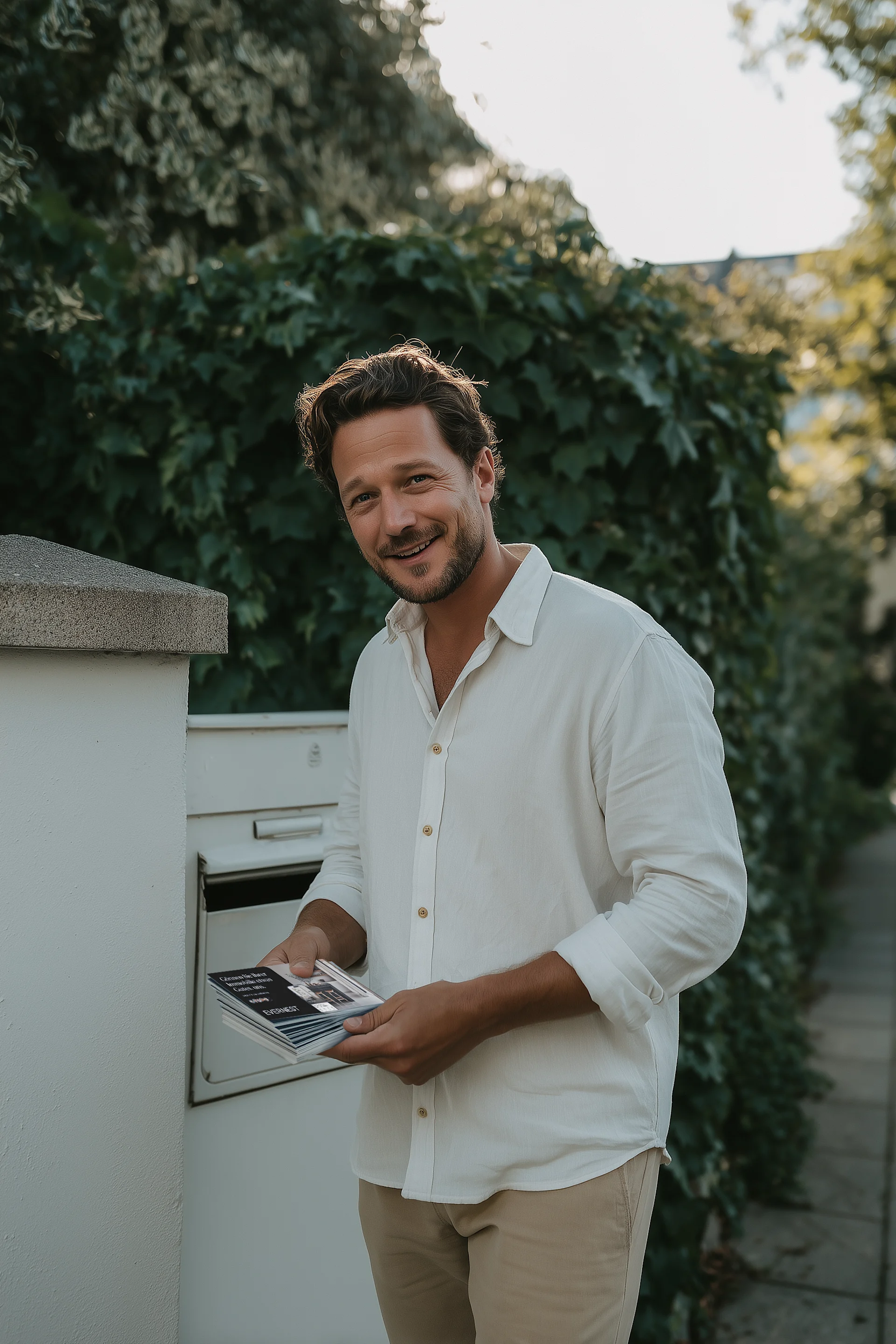 Mann steht an einem weißen Briefkasten im Freien und hält Broschüren in der Hand.