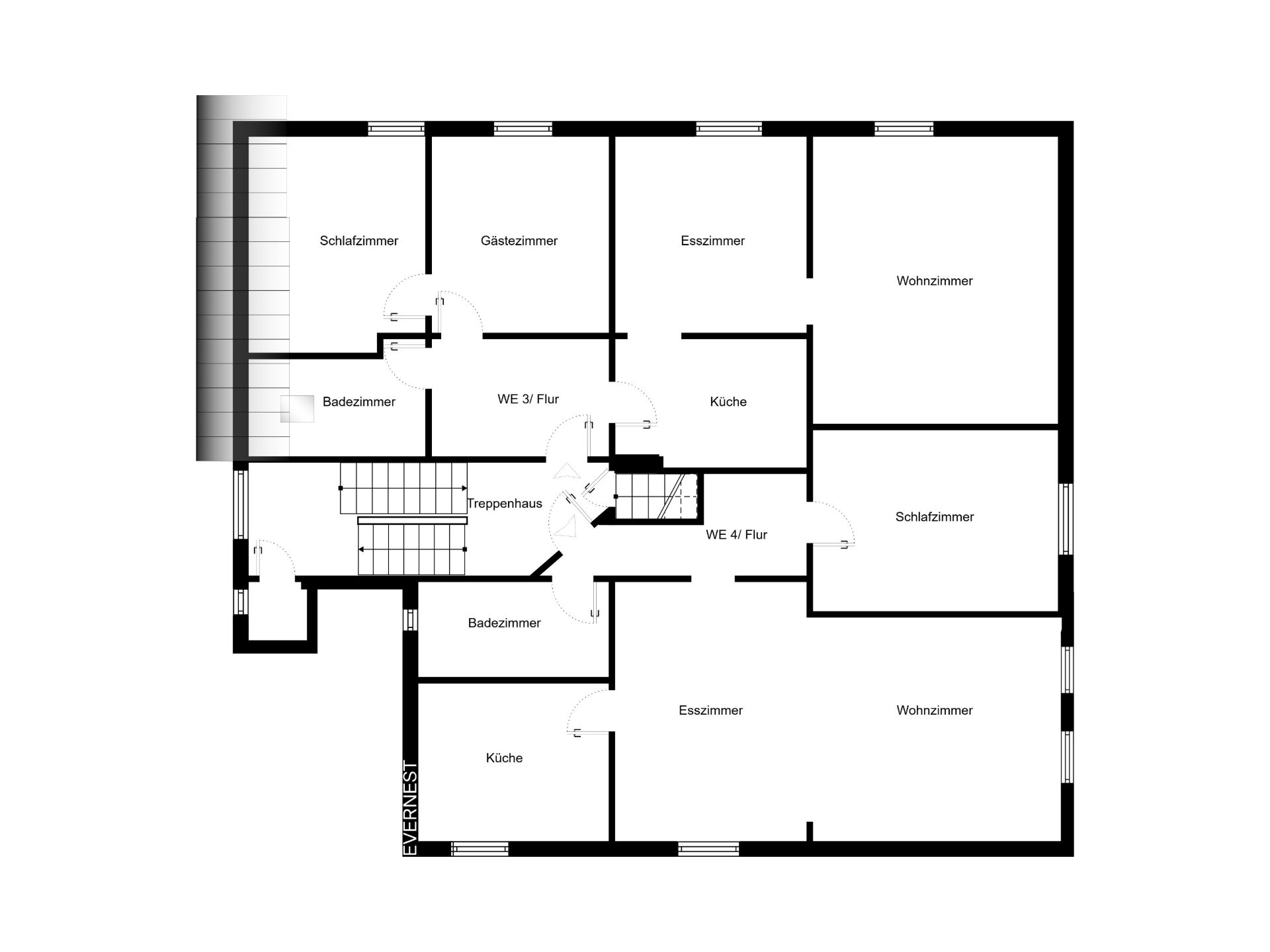 Grundriss einer Wohnung mit Schlafzimmer, Gästezimmer, Esszimmer, Wohnzimmer, Küche und Badezimmer.