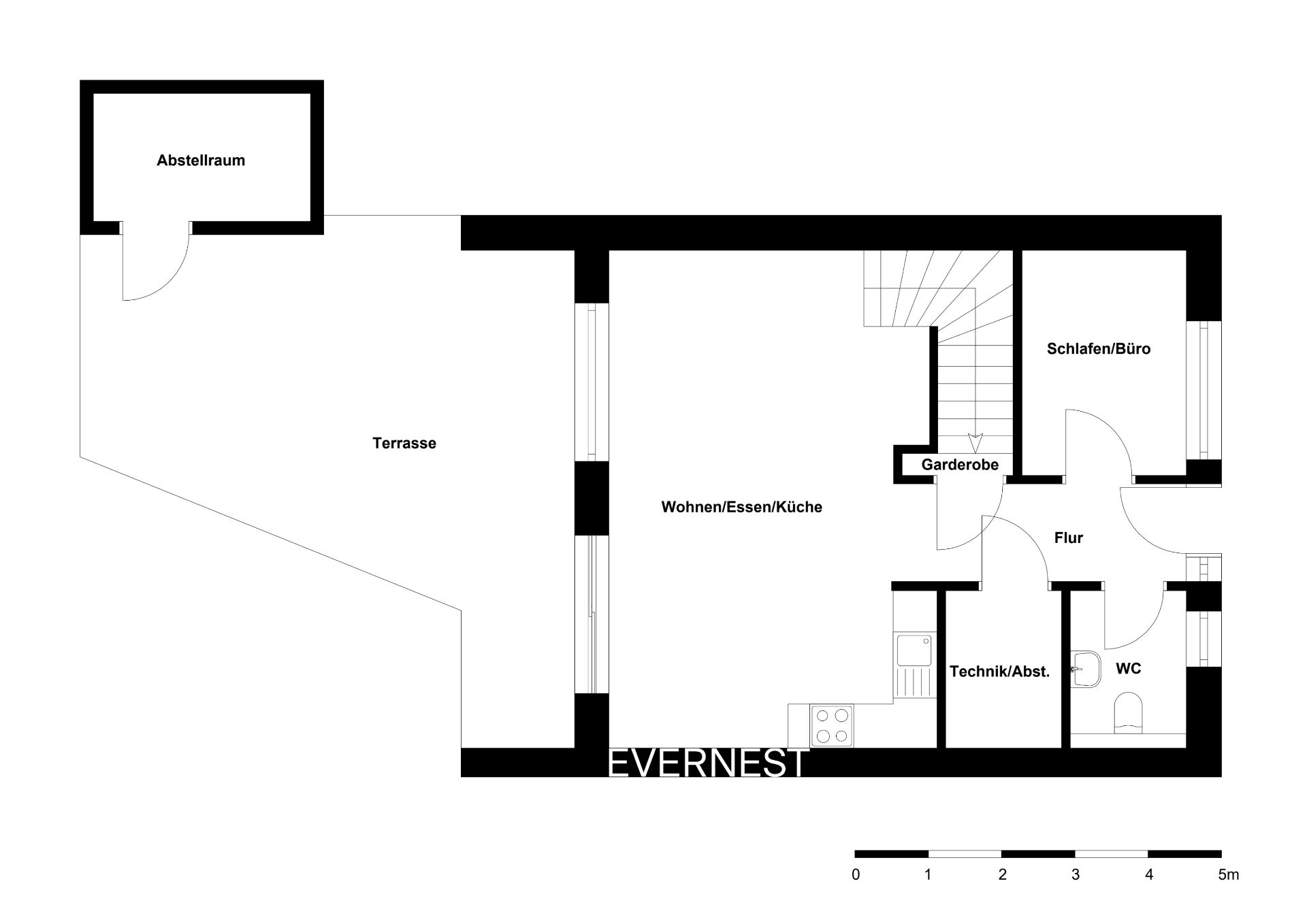 Grundriss mit Terrasse, Abstellraum, Wohnbereich, Schlafen/Büro, WC und Technikraum.