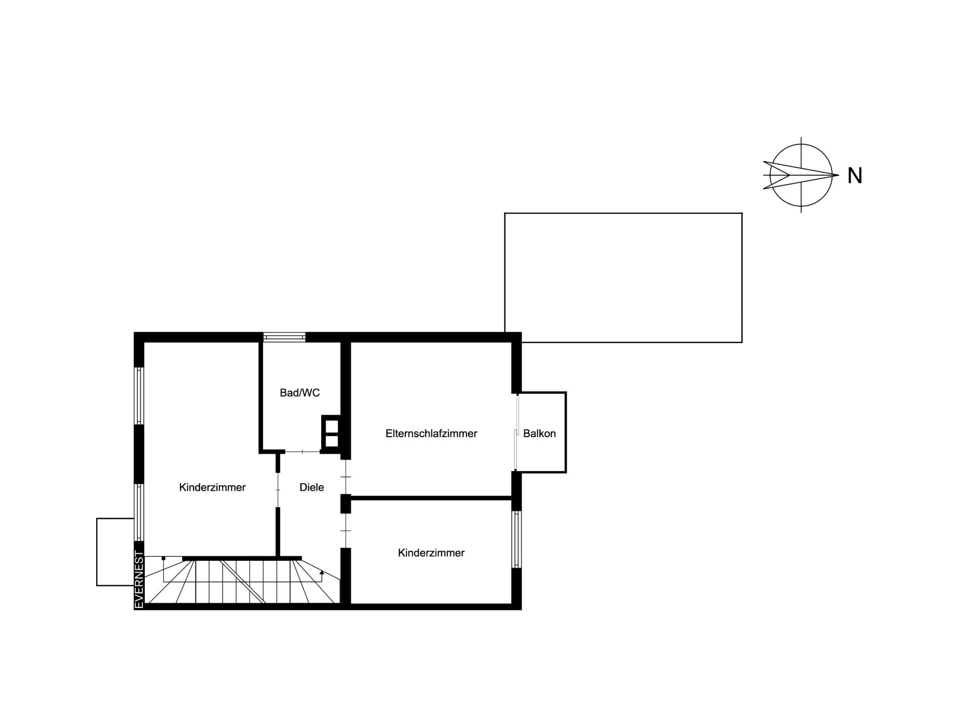 Grundriss mit zwei Kinderzimmern, Elternschlafzimmer, Bad/WC, Diele und Balkon.