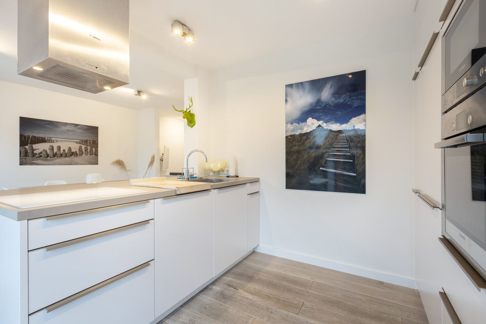 Moderne weiße Küche mit Kochinsel, Bild an der Wand und eingebauten Elektrogeräten.