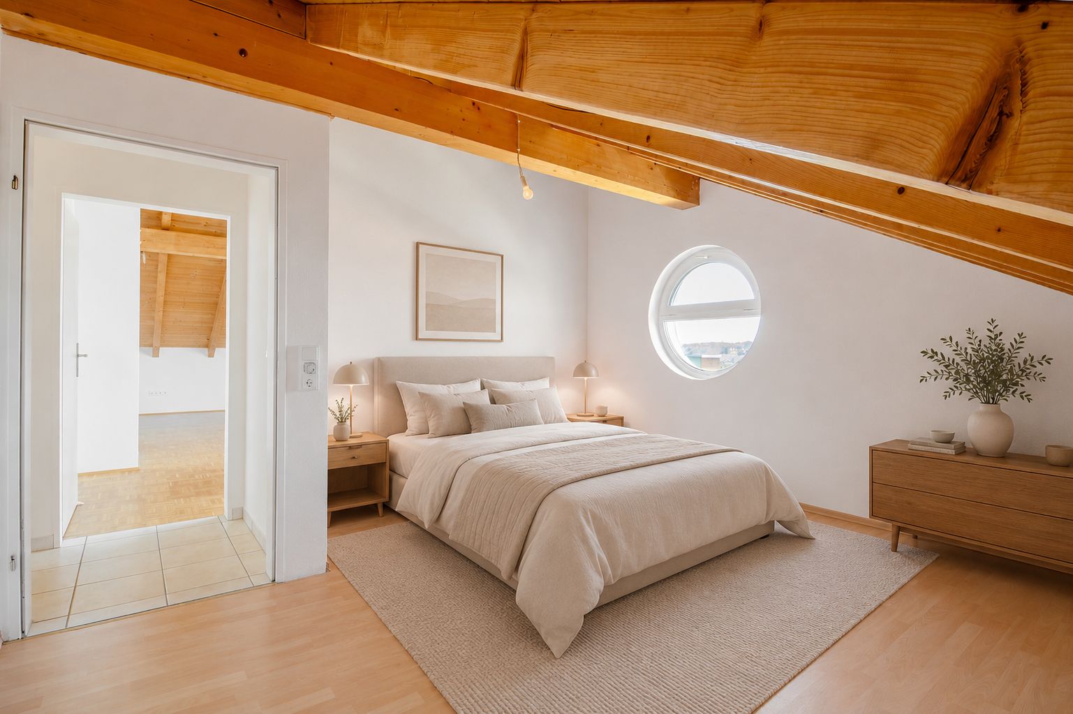 Helles Schlafzimmer mit Doppelbett, Holzbalken, rundem Fenster und Kommode unter einer Dachschräge.