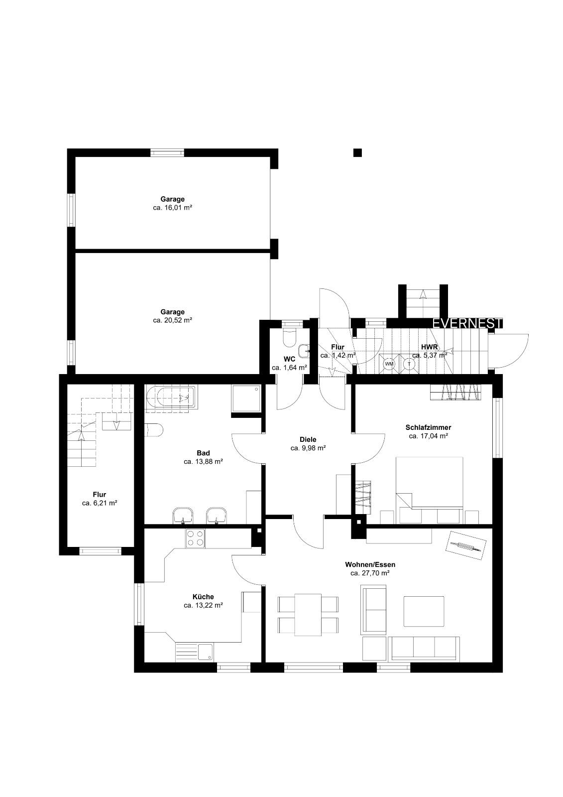Grundriss eines Wohnhauses mit Garage, Küche, Bad, Schlafzimmer und Wohnbereich.