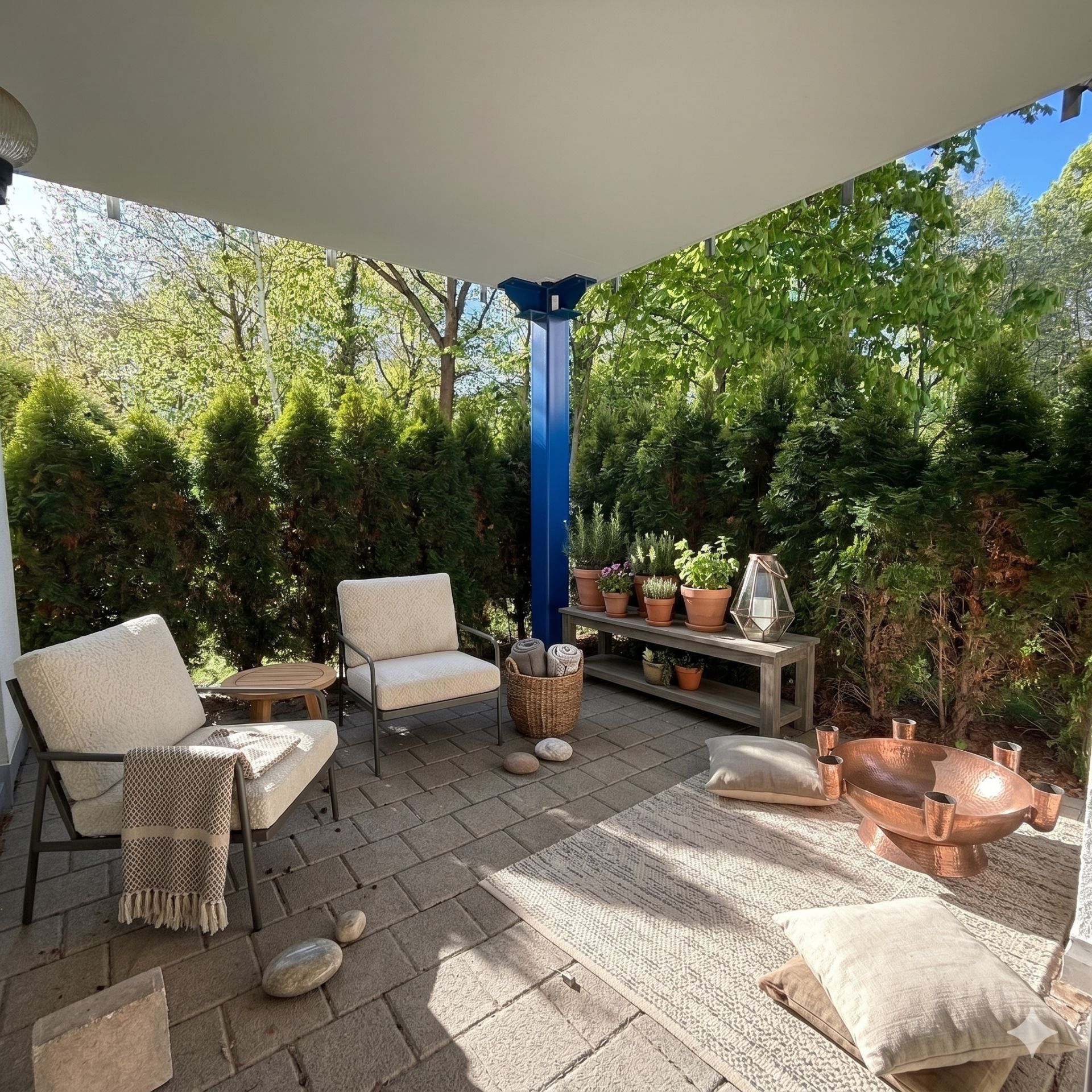Überdachte Terrasse mit zwei Sesseln, Pflanzen, Kissen und kleinem Tisch auf Steinboden.