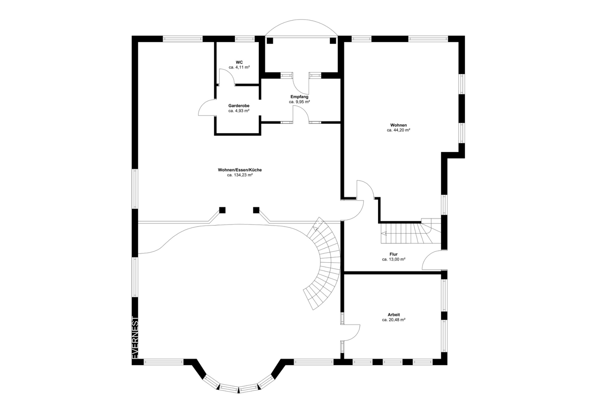Grundriss einer Wohnung mit Räumen wie Wohnen, Arbeit, WC, Garderobe und Empfang.