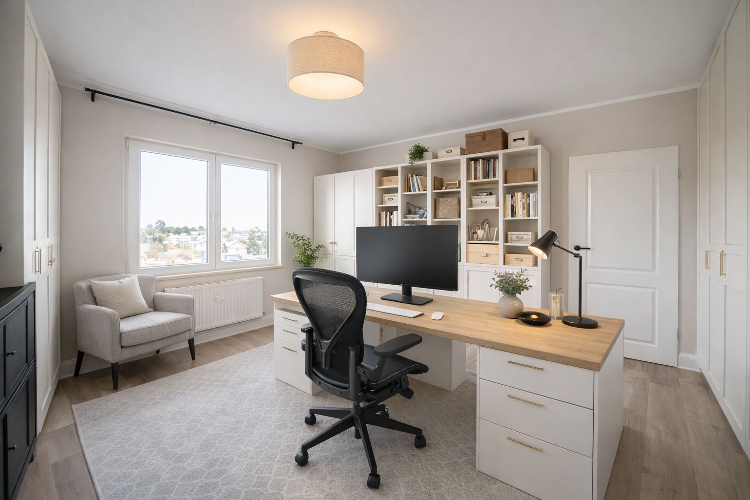 Modernes Arbeitszimmer mit großem Schreibtisch, Bücherregal, Stuhl und Sessel am Fenster.