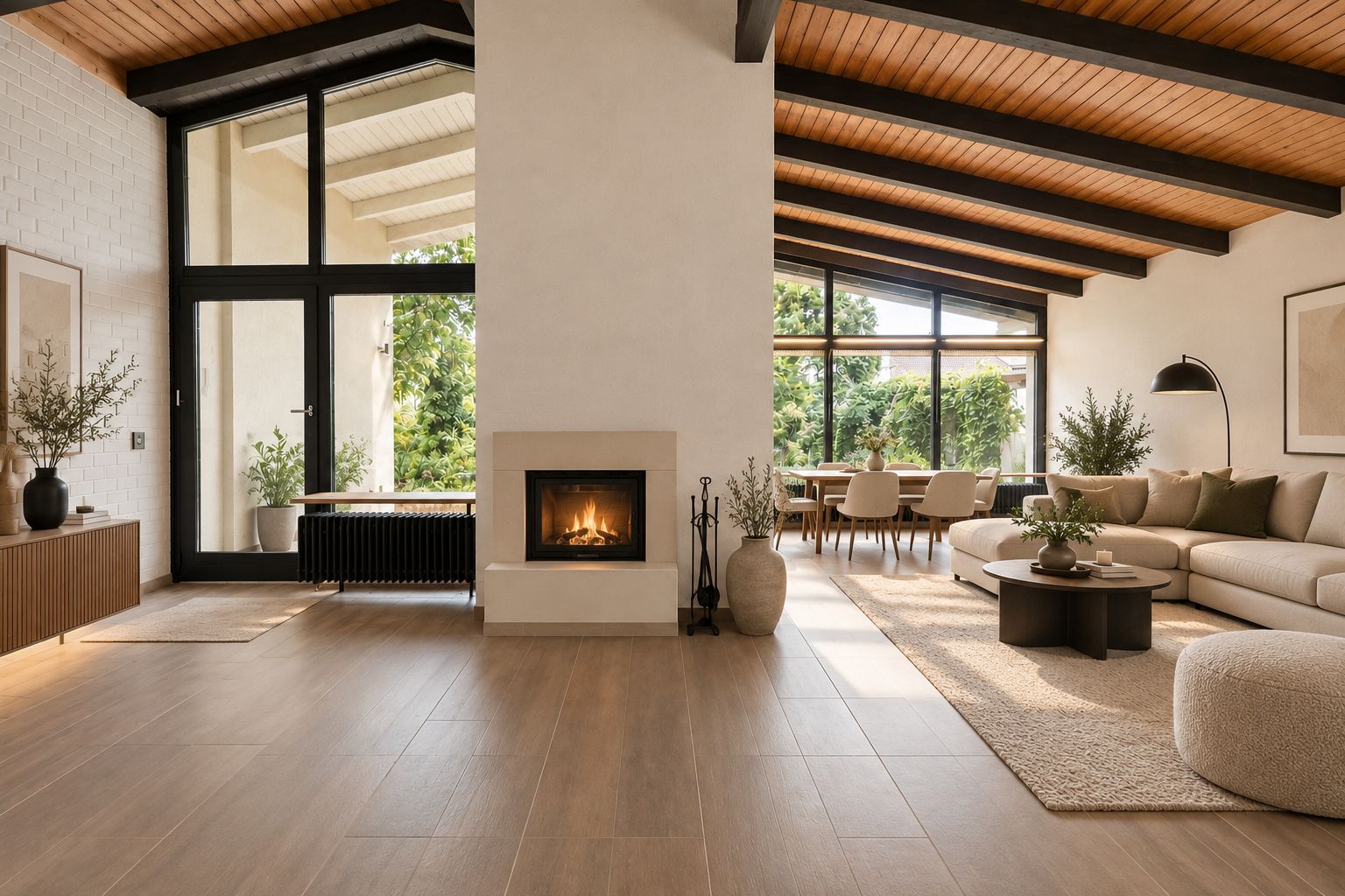Helles Wohnzimmer mit Kamin, großem Fenster, Sofa und Essbereich, Holzbalkendecke.