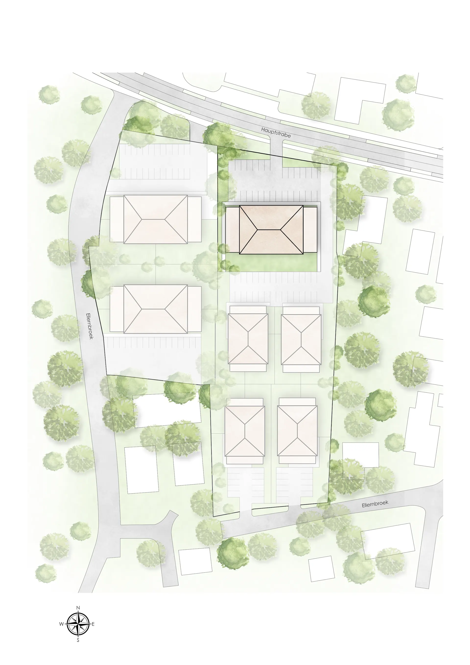 Lageplan mit mehreren Gebäuden, Parkplätzen und Bäumen auf einem Grundstück.