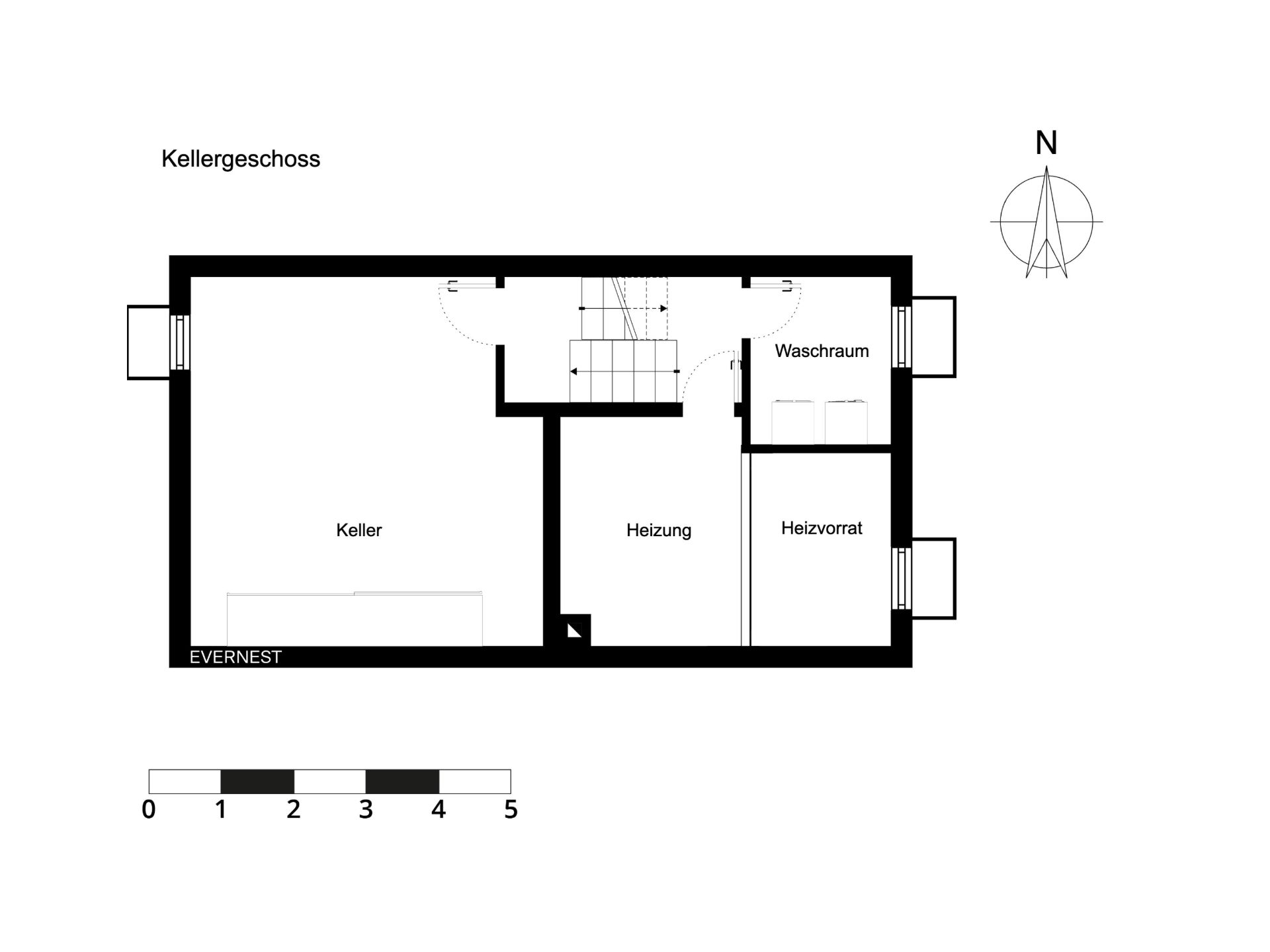 Grundriss des Kellergeschosses mit Keller, Heizung, Heizvorrat und Waschraum.