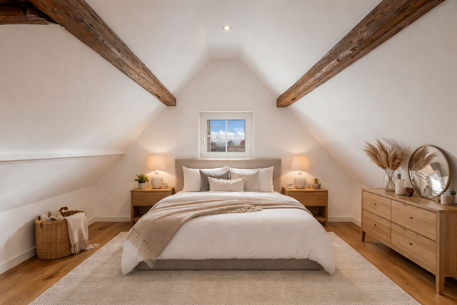 Gemütliches Schlafzimmer mit Holzbalken, Doppelbett, Nachttischen und Kommode unter schrägem Dach.