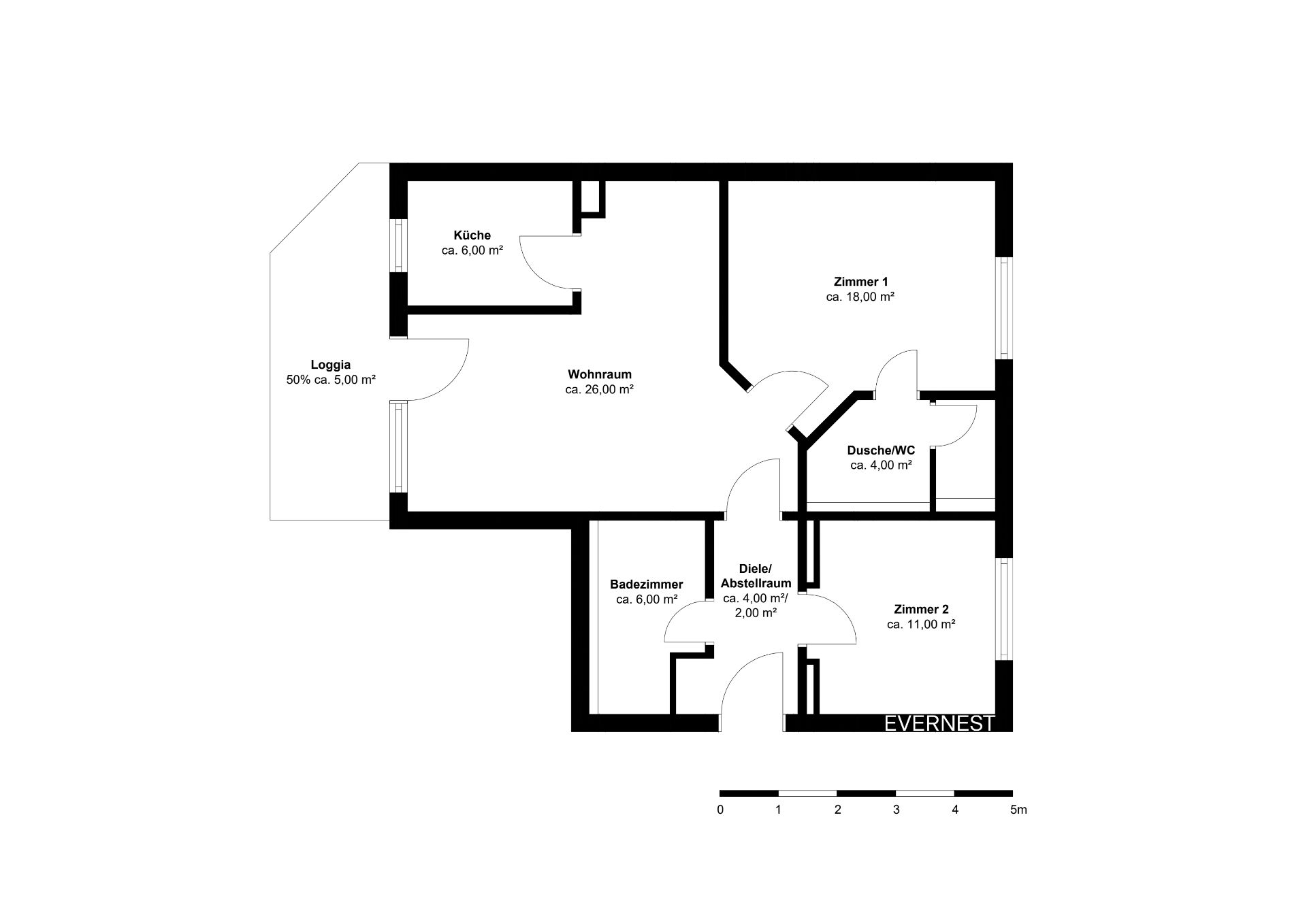 Grundriss einer Wohnung mit Wohnzimmer, Küche, Loggia, zwei Zimmern, Bad und Dusche/WC.