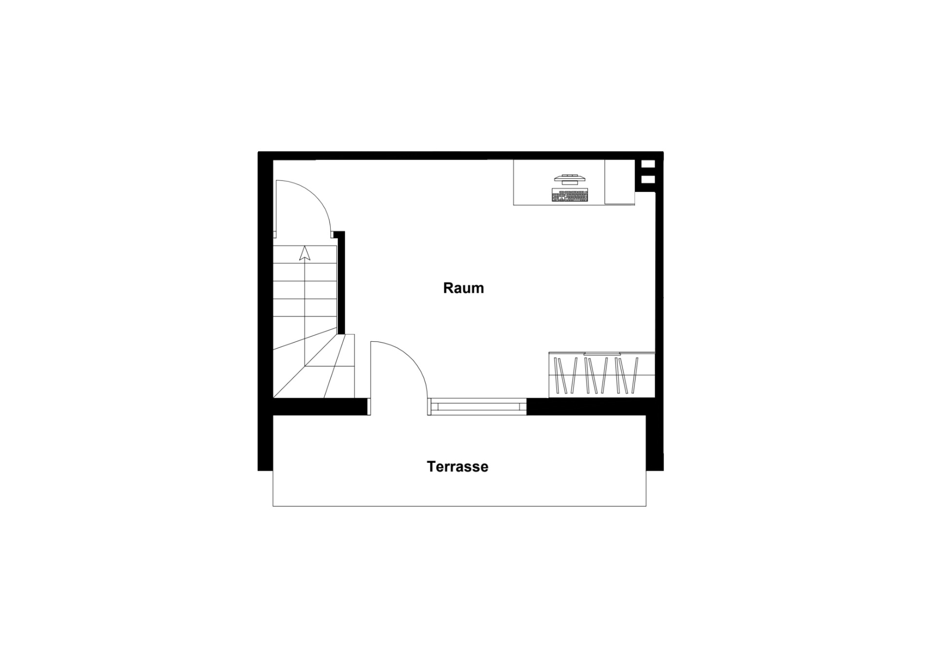 Grundriss mit einem Raum, einer Terrasse, Treppe und abgebildetem Schreibtisch.