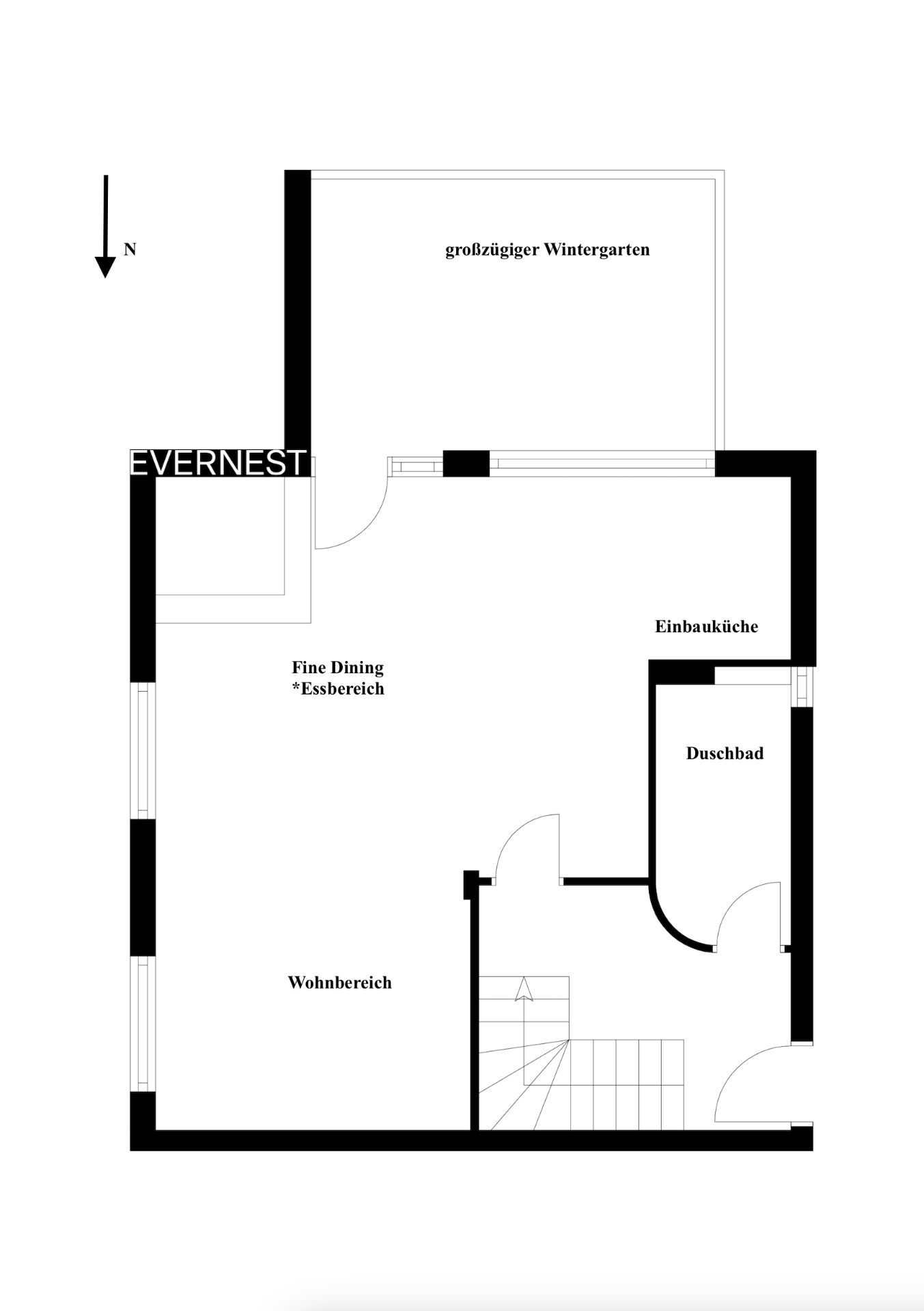 Grundriss mit Wintergarten, Wohnbereich, Essbereich, Einbauküche und Duschbad.