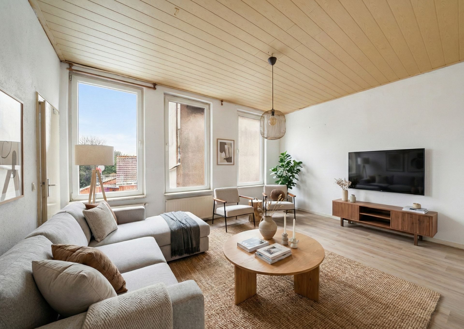 Helles Wohnzimmer mit Ecksofa, Couchtisch, TV, zwei Sesseln und drei großen Fenstern.